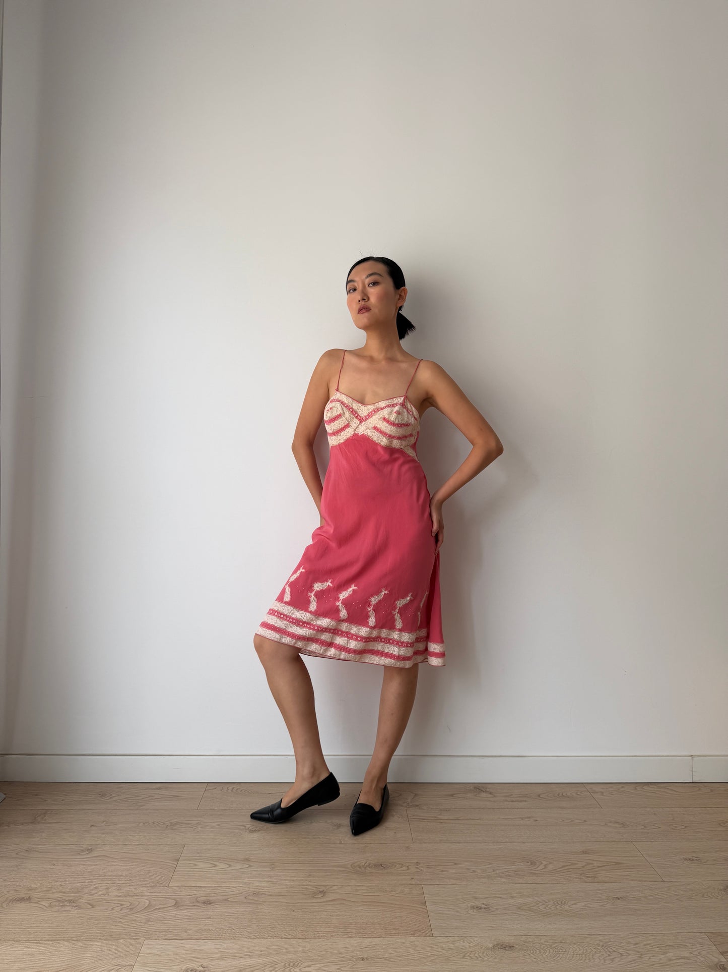 1930s Vintage Peach Red Hot Pink Pure Silk Slip, French Lace Embroidery Dress