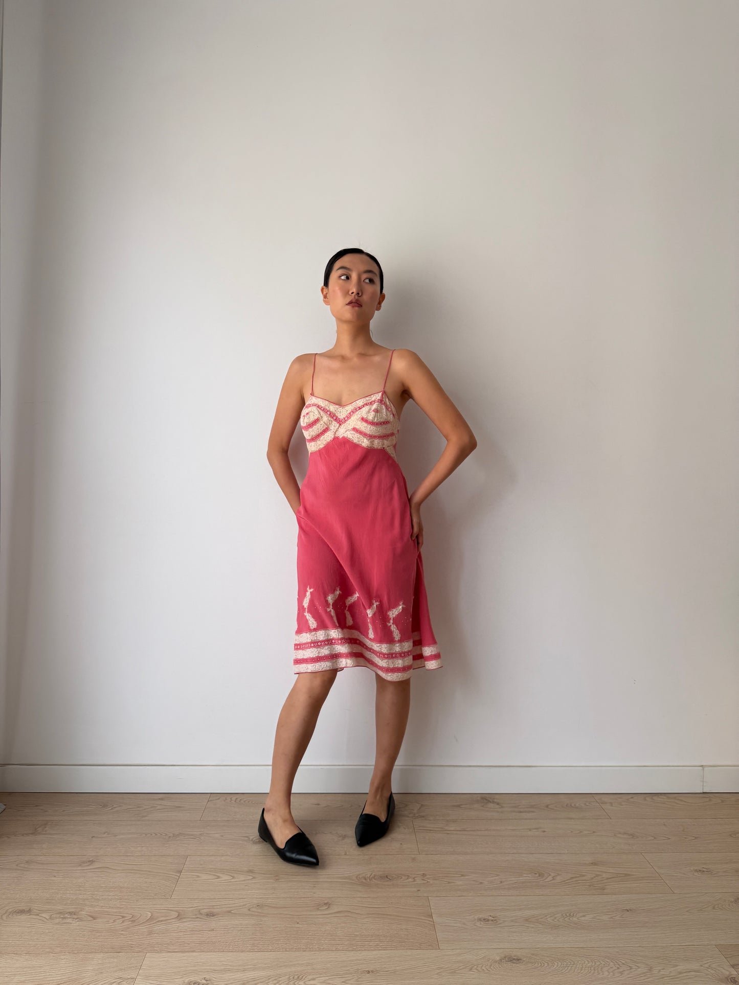 1930s Vintage Peach Red Hot Pink Pure Silk Slip, French Lace Embroidery Dress