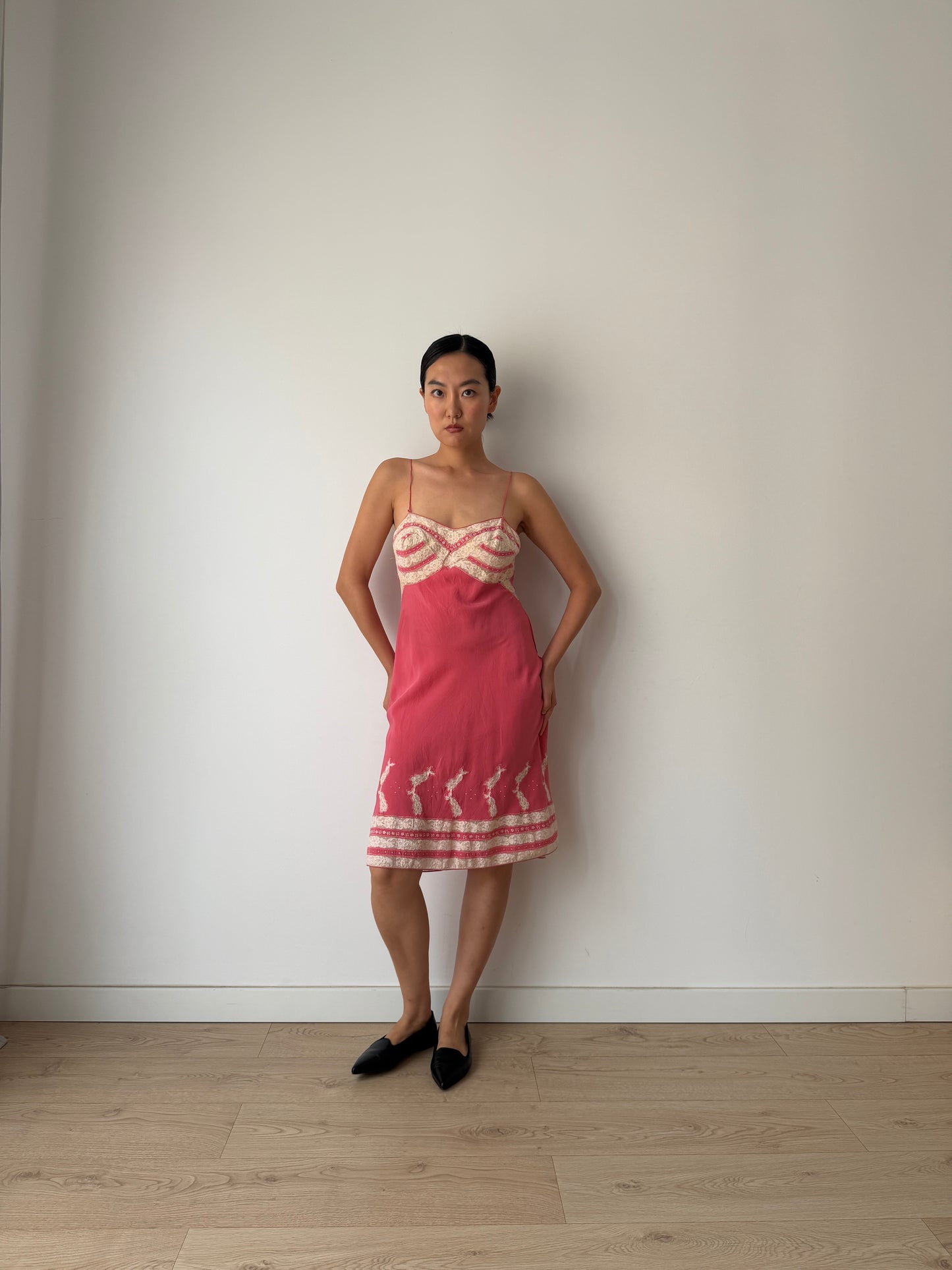 1930s Vintage Peach Red Hot Pink Pure Silk Slip, French Lace Embroidery Dress