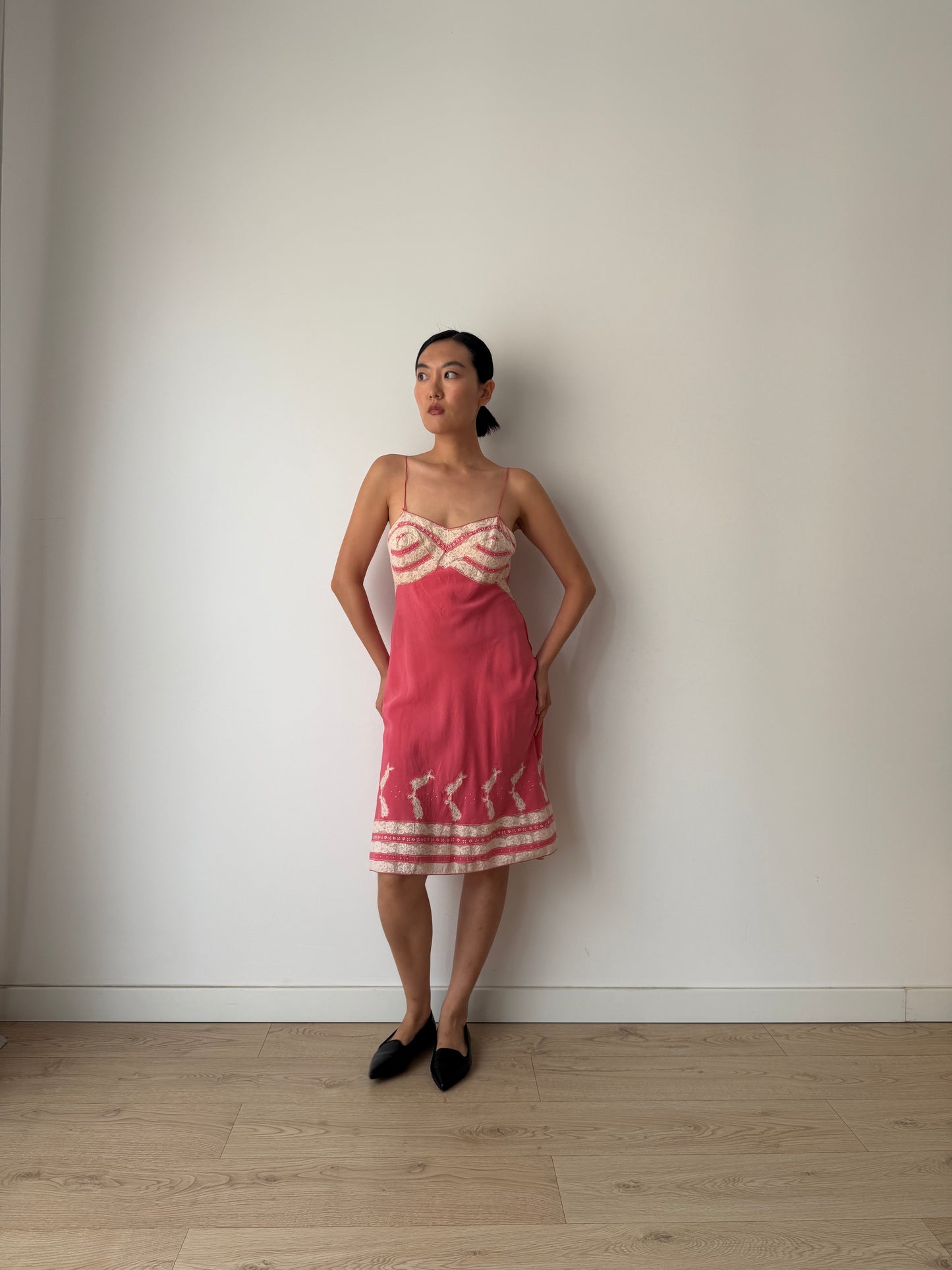 1930s Vintage Peach Red Hot Pink Pure Silk Slip, French Lace Embroidery Dress