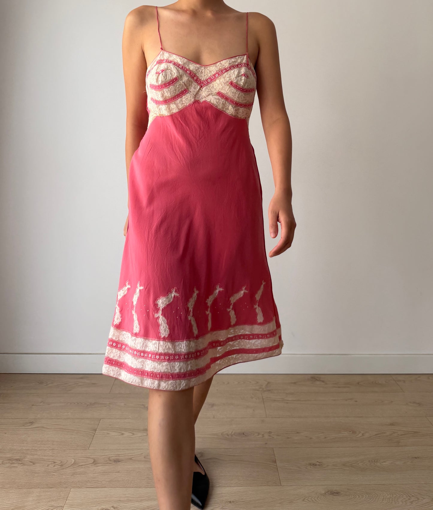 1930s Vintage Peach Red Hot Pink Pure Silk Slip, French Lace Embroidery Dress