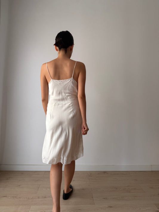 1930s Ivory Silk Slip Dress, Antique Floral Lace Appliqué, Bridal Vintage Clothing