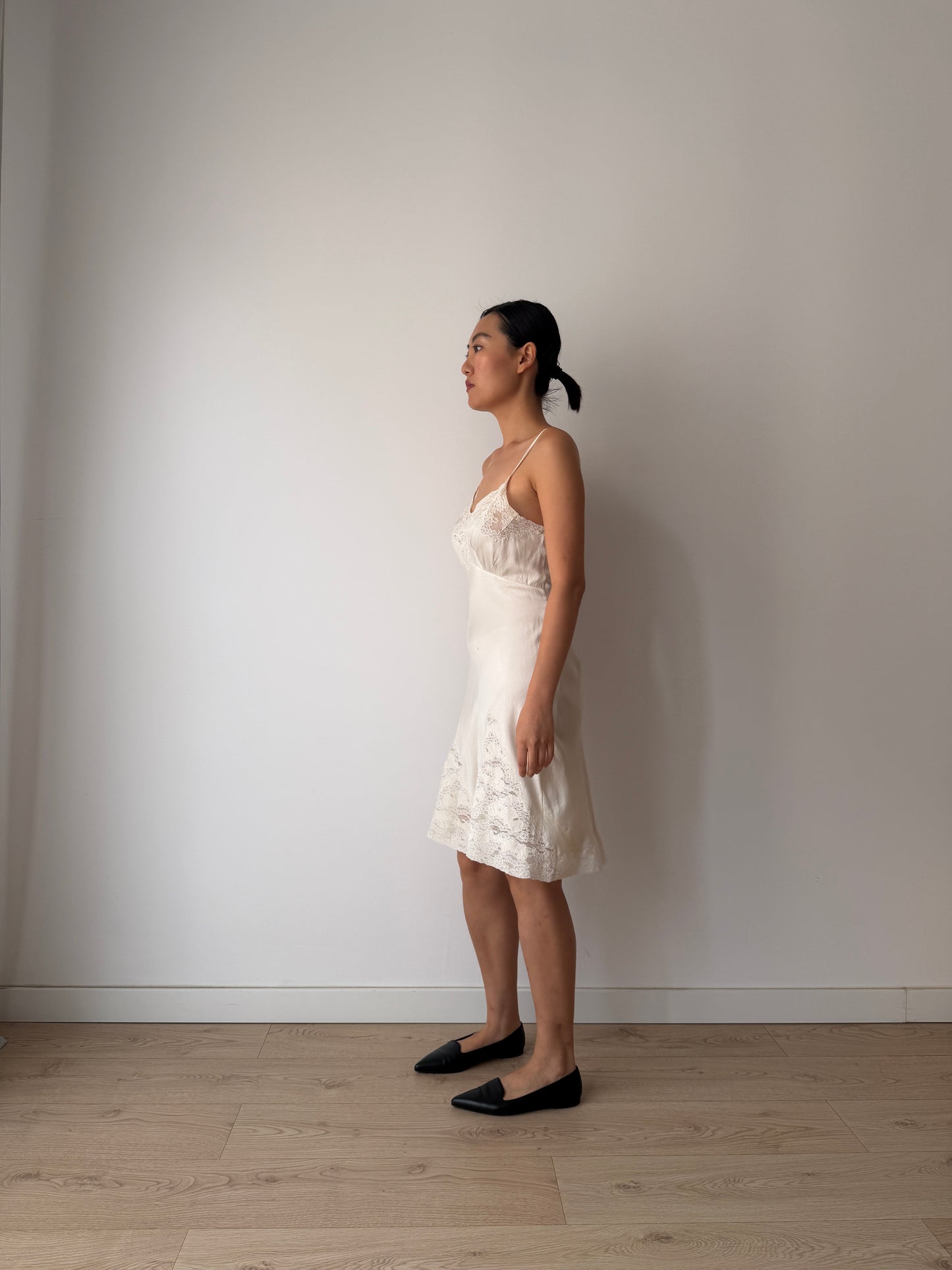 1930s Ivory Silk Slip Dress, Antique Floral Lace Appliqué, Bridal Vintage Clothing