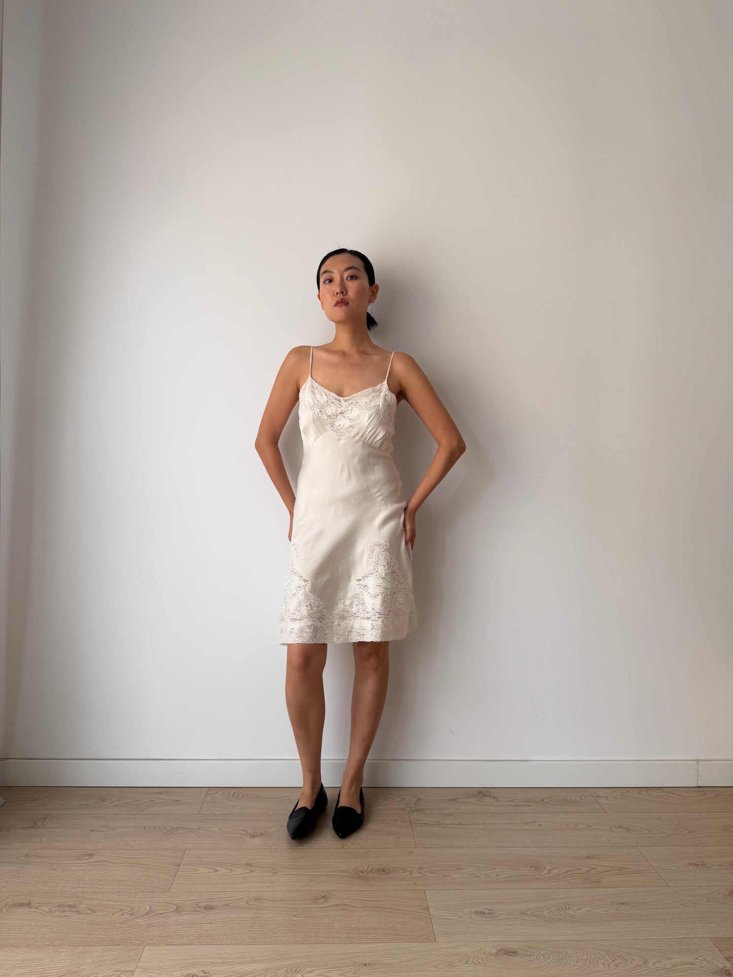 1930s Ivory Silk Slip Dress, Antique Floral Lace Appliqué, Bridal Vintage Clothing