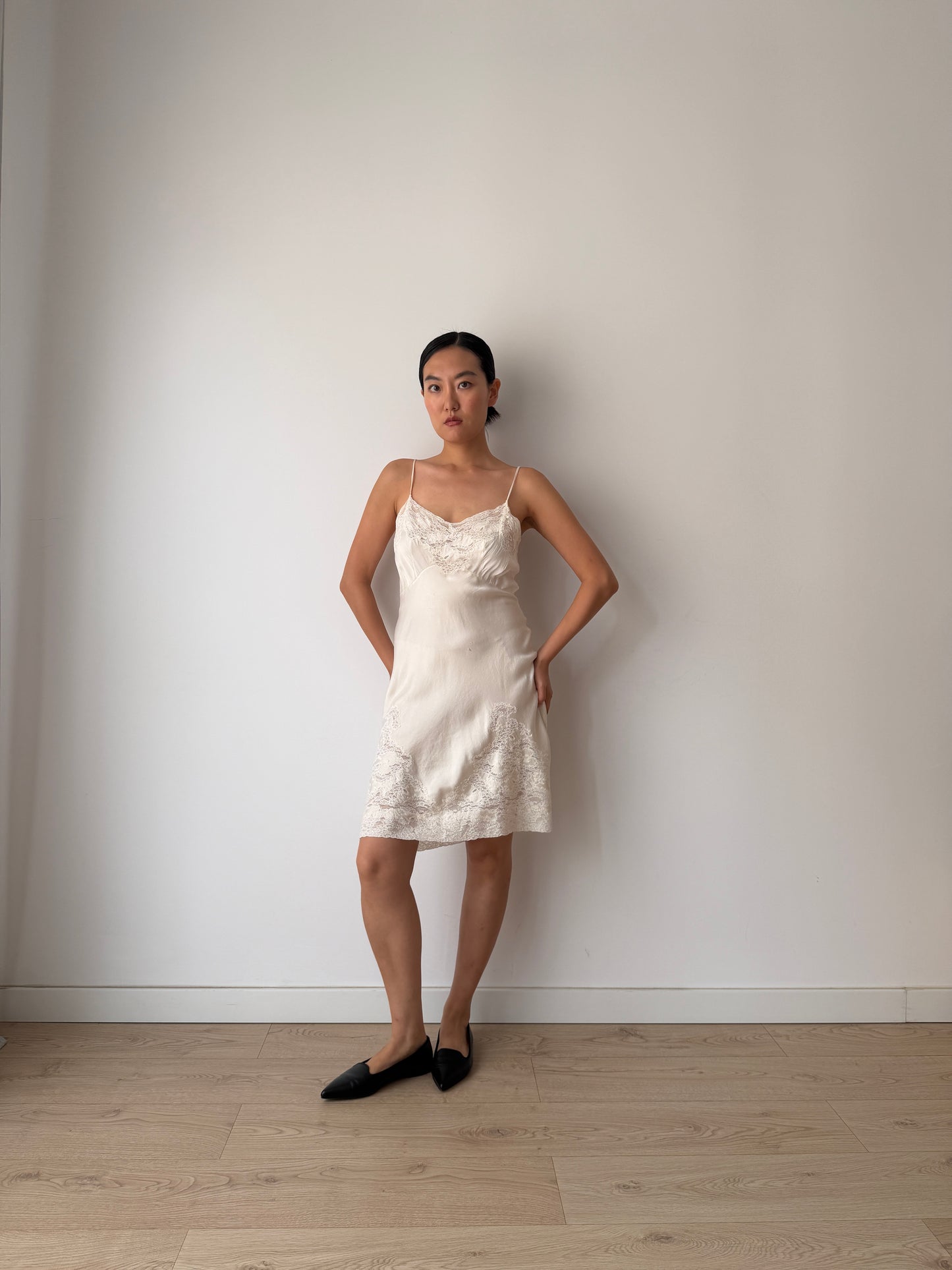 1930s Ivory Silk Slip Dress, Antique Floral Lace Appliqué, Bridal Vintage Clothing