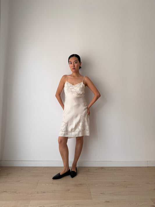 1930s Ivory Silk Slip Dress, Antique Floral Lace Appliqué, Bridal Vintage Clothing