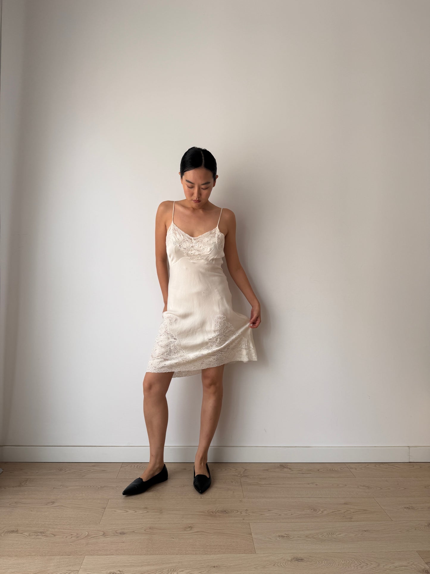 1930s Ivory Silk Slip Dress, Antique Floral Lace Appliqué, Bridal Vintage Clothing