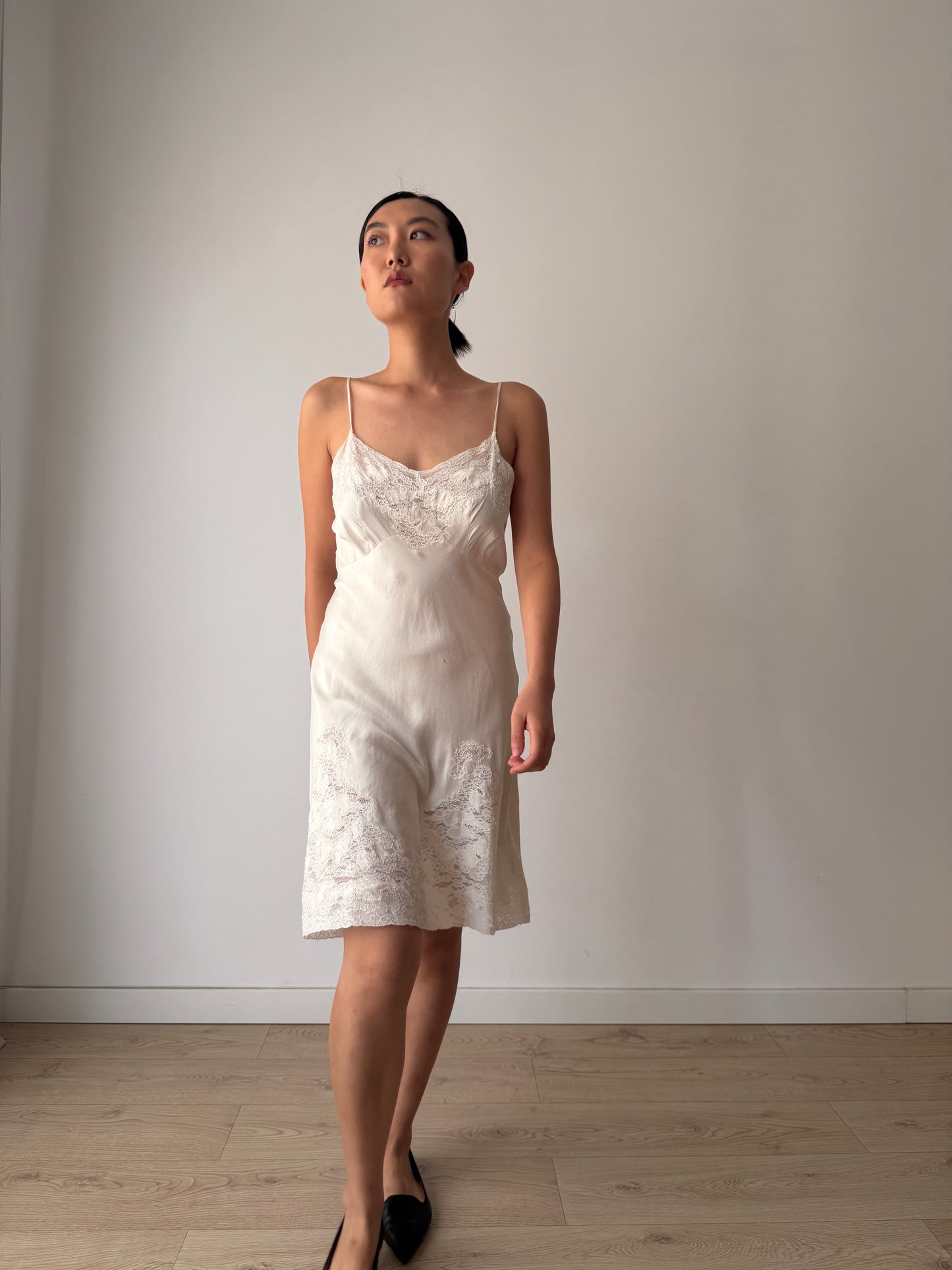 1930s Ivory Silk Slip Dress, Antique Floral Lace Appliqué, Bridal Vintage Clothing