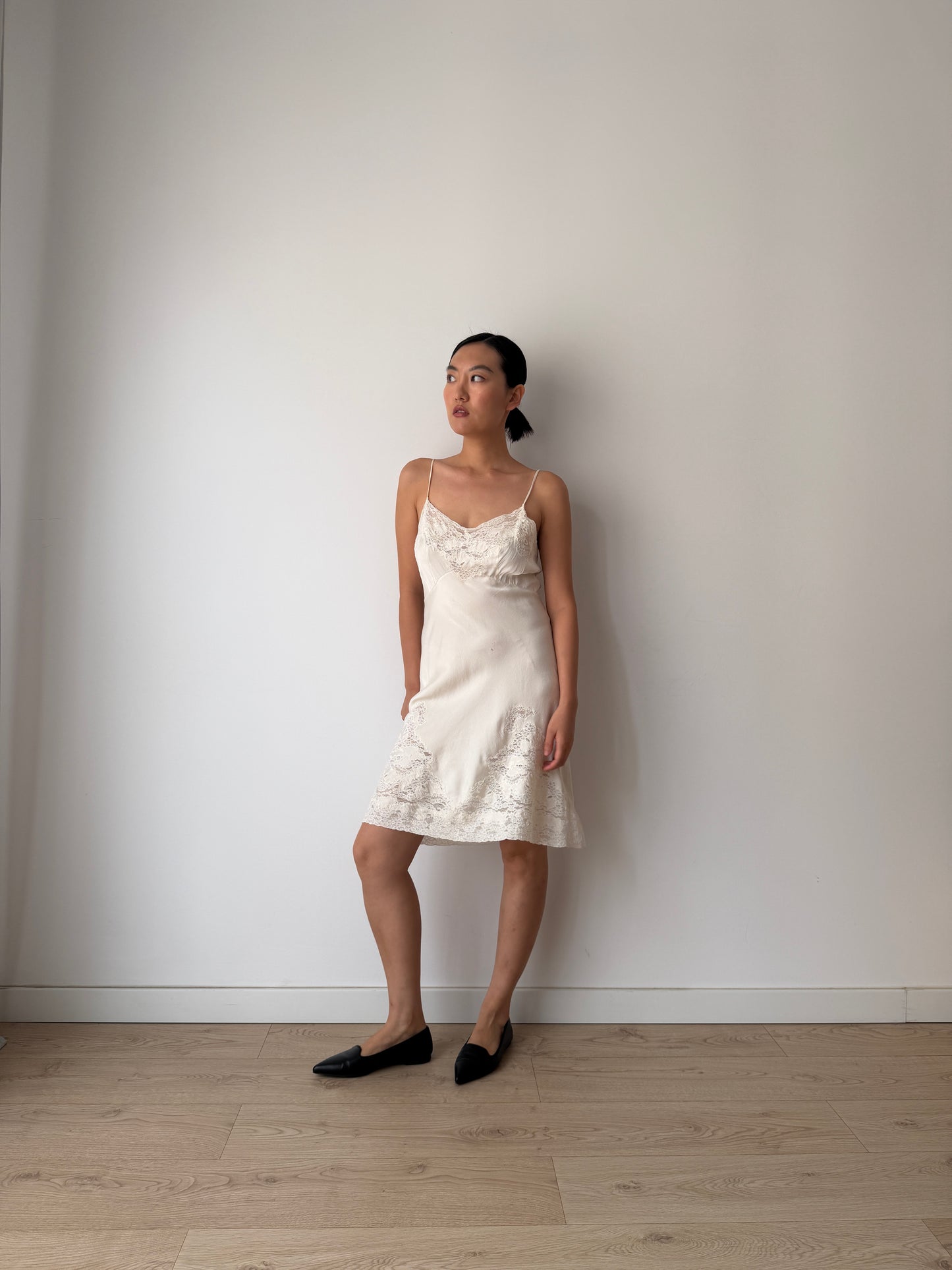 1930s Ivory Silk Slip Dress, Antique Floral Lace Appliqué, Bridal Vintage Clothing