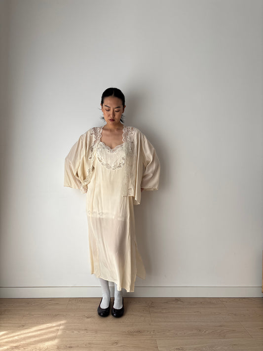 Vintage Pure Silk Nightgown 2 Piece Set / Jacket and NightDress Lingerie Set