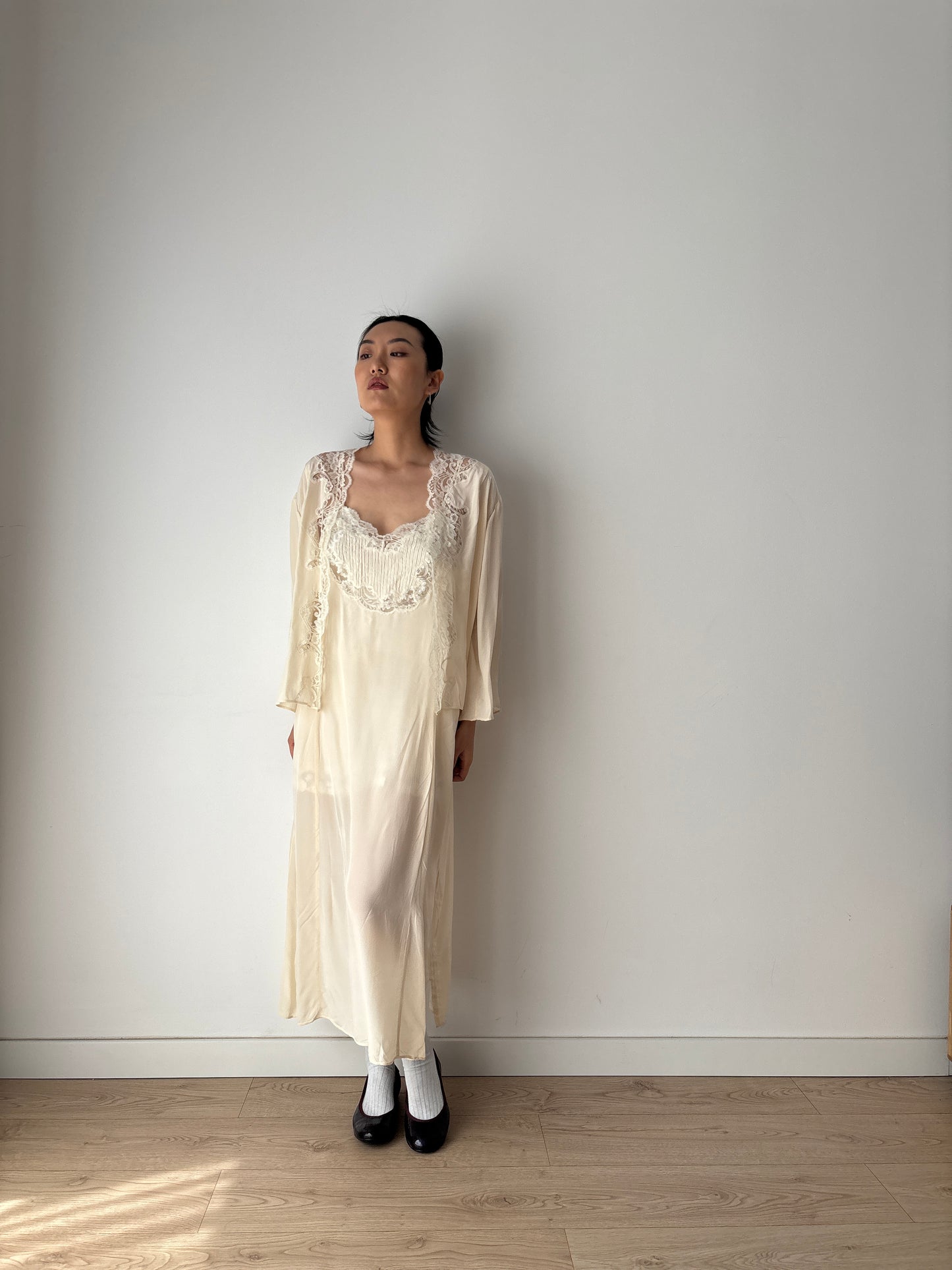 Vintage Pure Silk Nightgown 2 Piece Set / Jacket and NightDress Lingerie Set