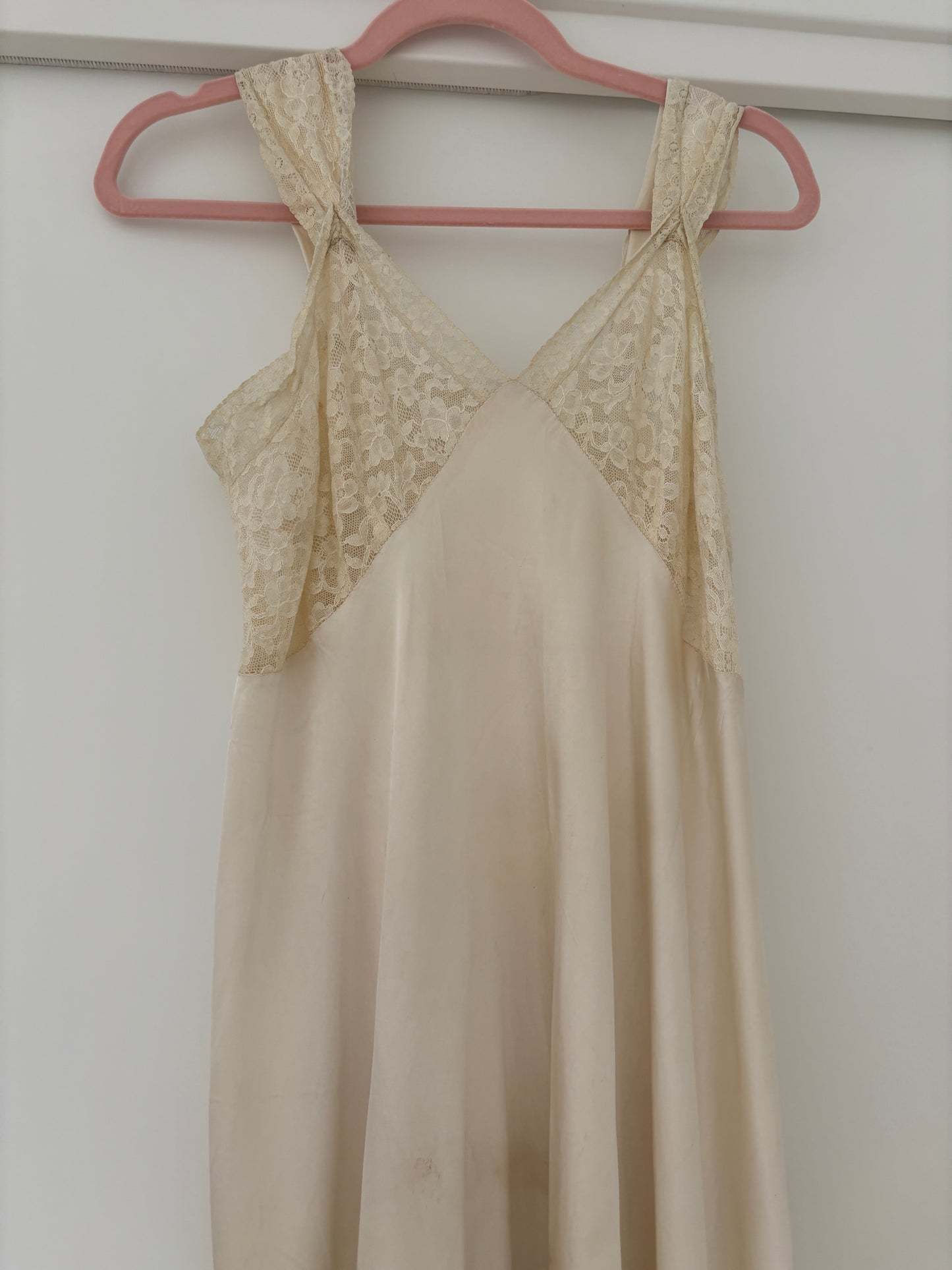 1940s Antique White Lace Liquid Silk Satin Bridal Slip Dres