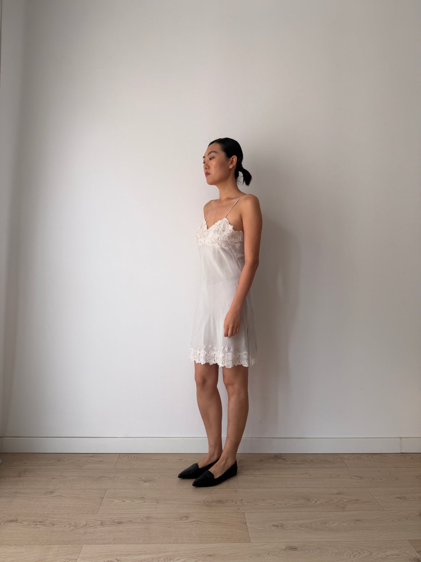1930s Grey Blue French Lace Floral Appliqué Pure Silk Camisole Slip Dress,