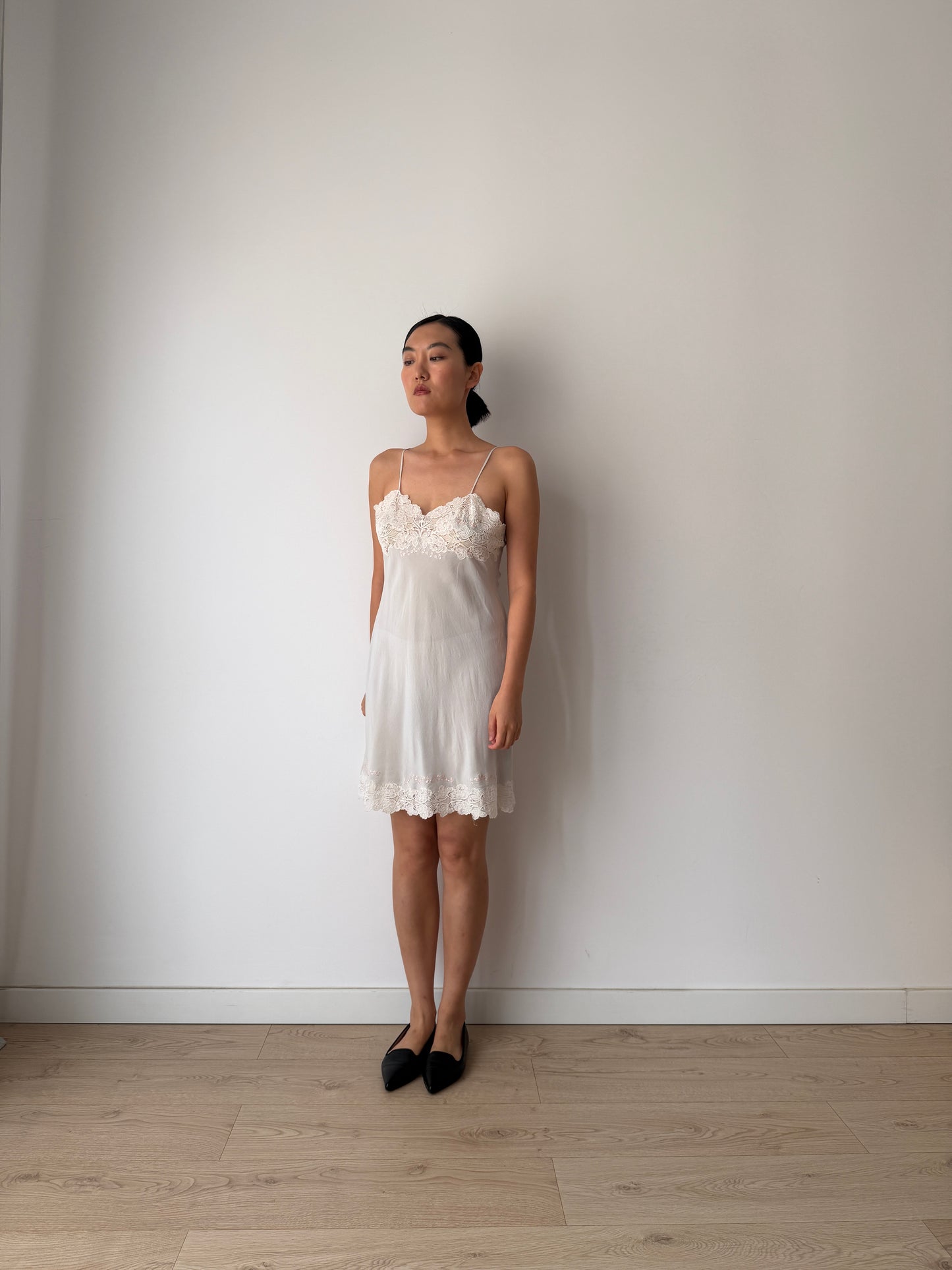 1930s Grey Blue French Lace Floral Appliqué Pure Silk Camisole Slip Dress,