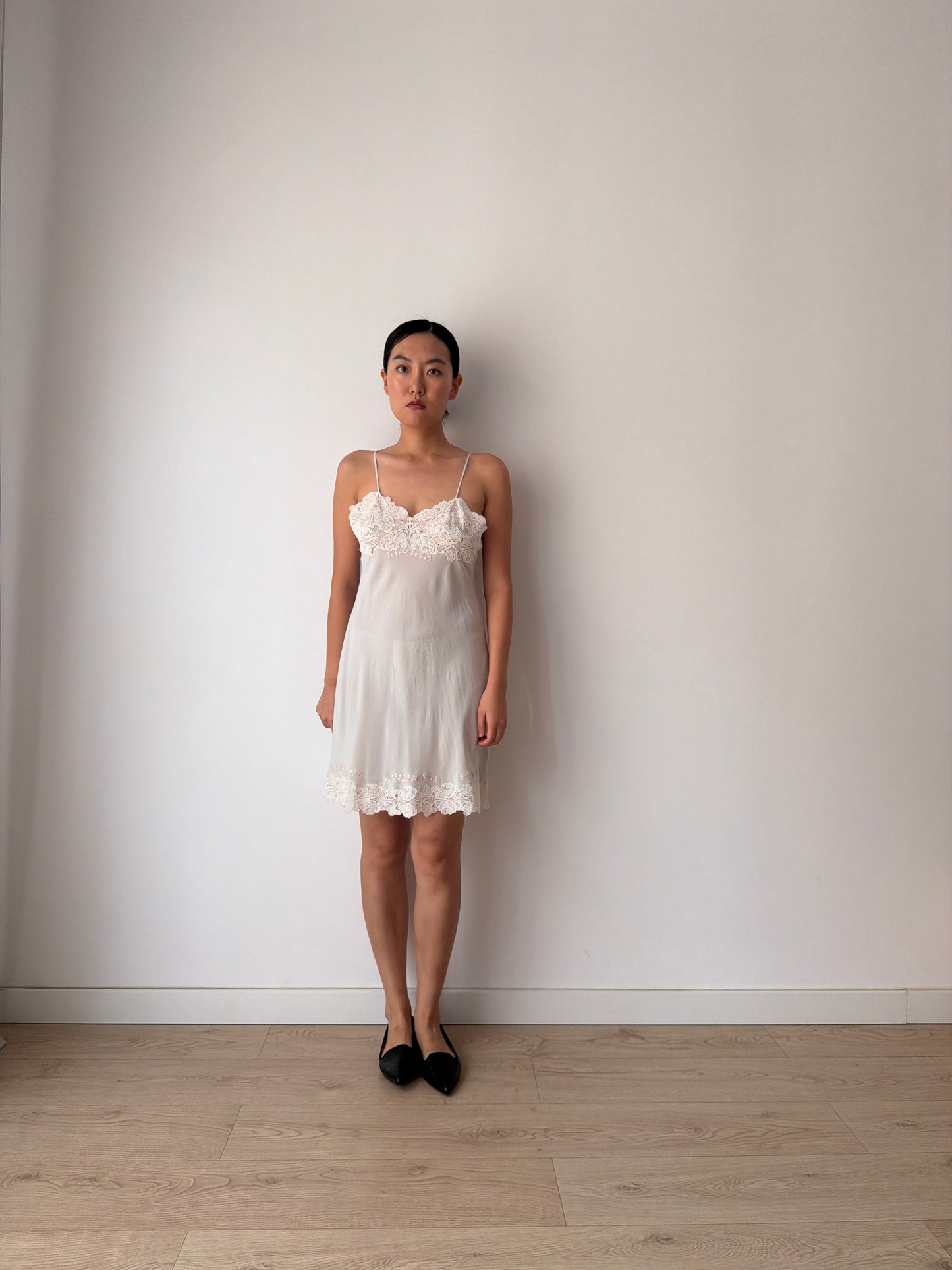 1930s Grey Blue French Lace Floral Appliqué Pure Silk Camisole Slip Dress,