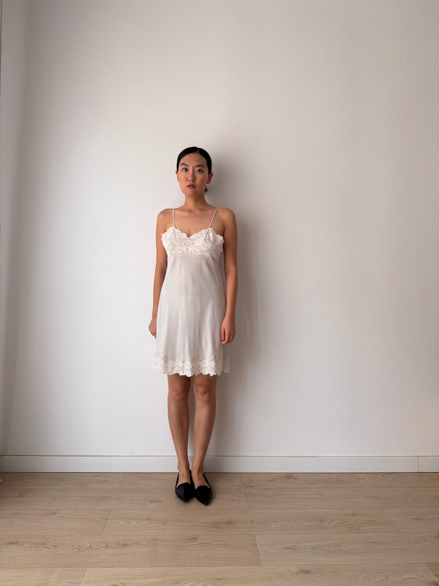 1930s Grey Blue French Lace Floral Appliqué Pure Silk Camisole Slip Dress,
