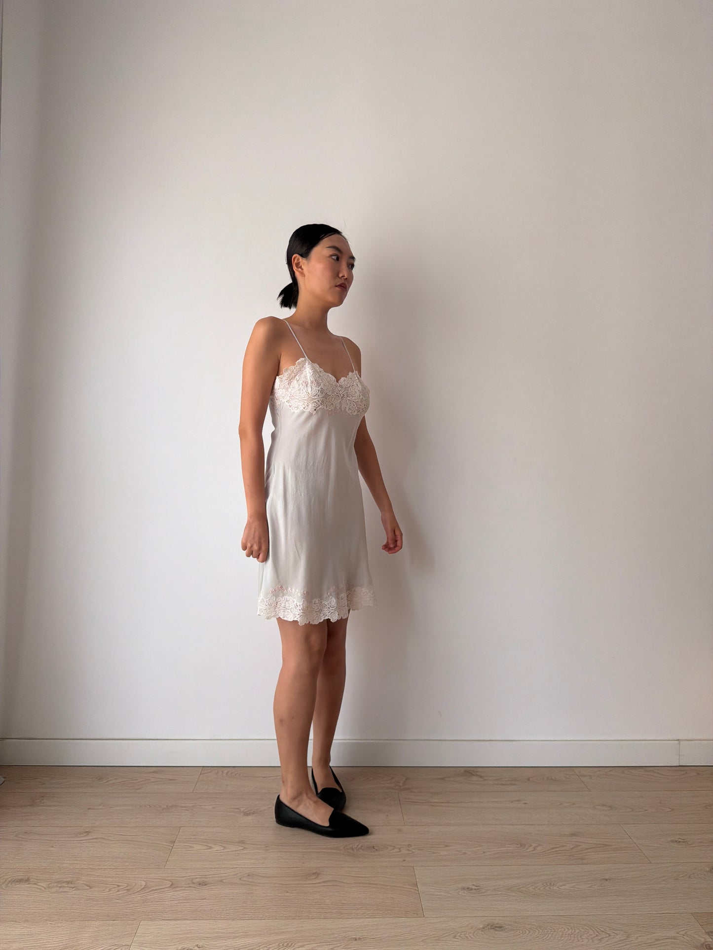 1930s Grey Blue French Lace Floral Appliqué Pure Silk Camisole Slip Dress,