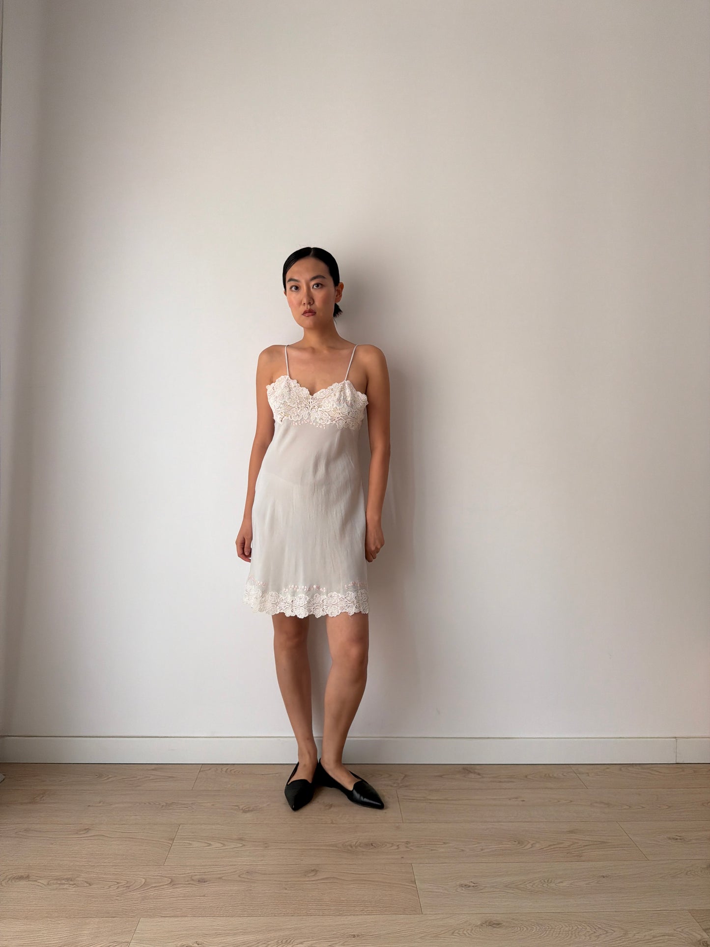 1930s Grey Blue French Lace Floral Appliqué Pure Silk Camisole Slip Dress,