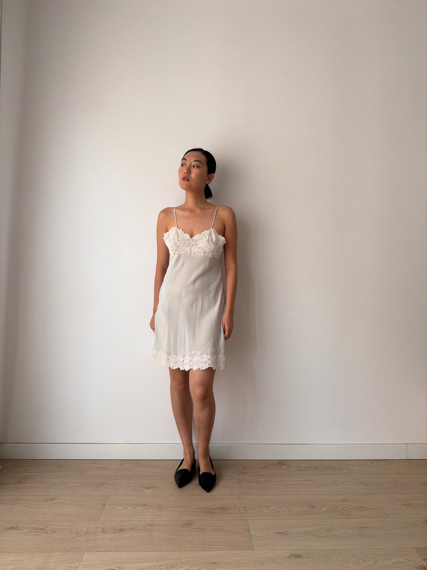 1930s Grey Blue French Lace Floral Appliqué Pure Silk Camisole Slip Dress,