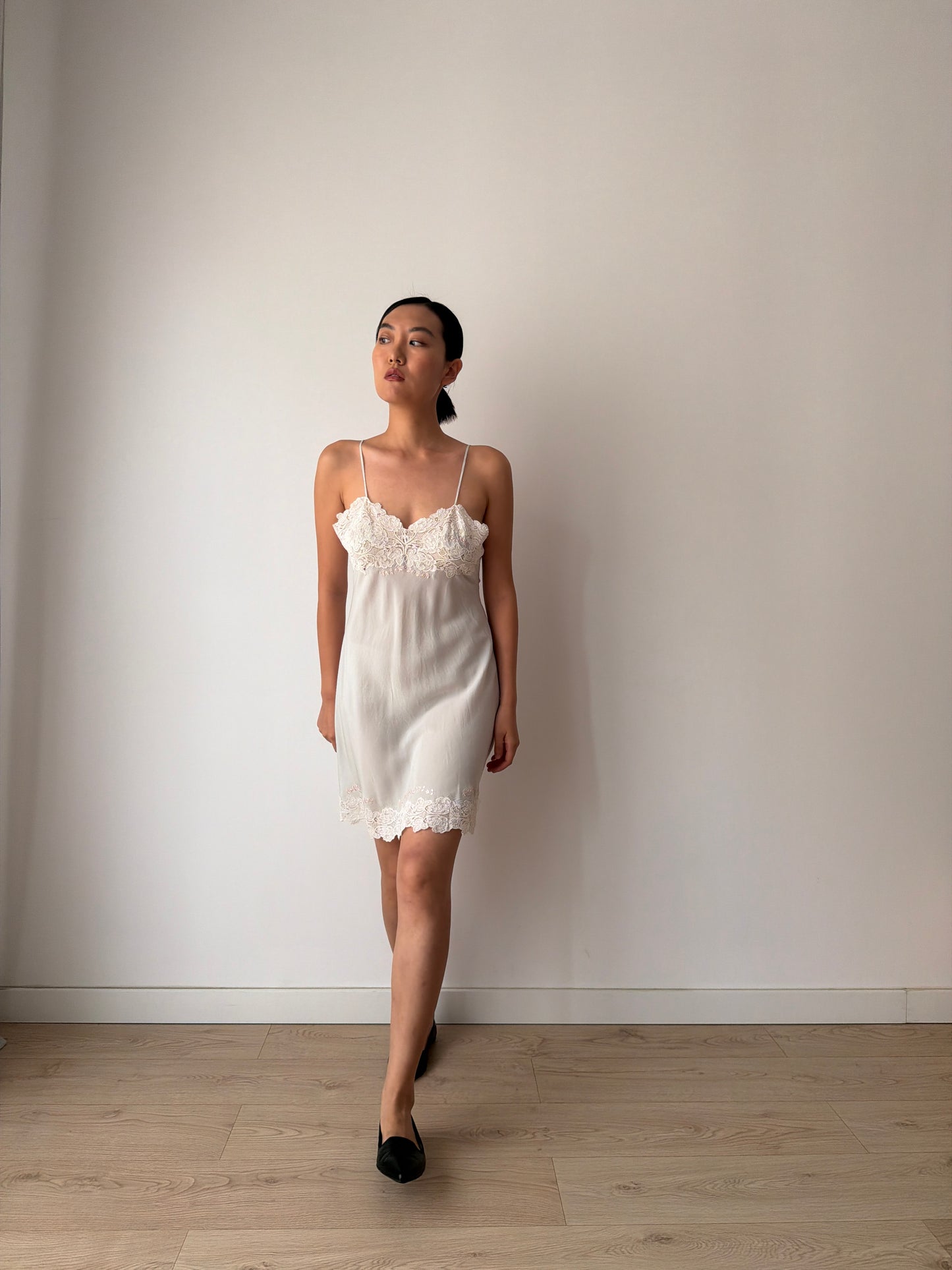 1930s Grey Blue French Lace Floral Appliqué Pure Silk Camisole Slip Dress,