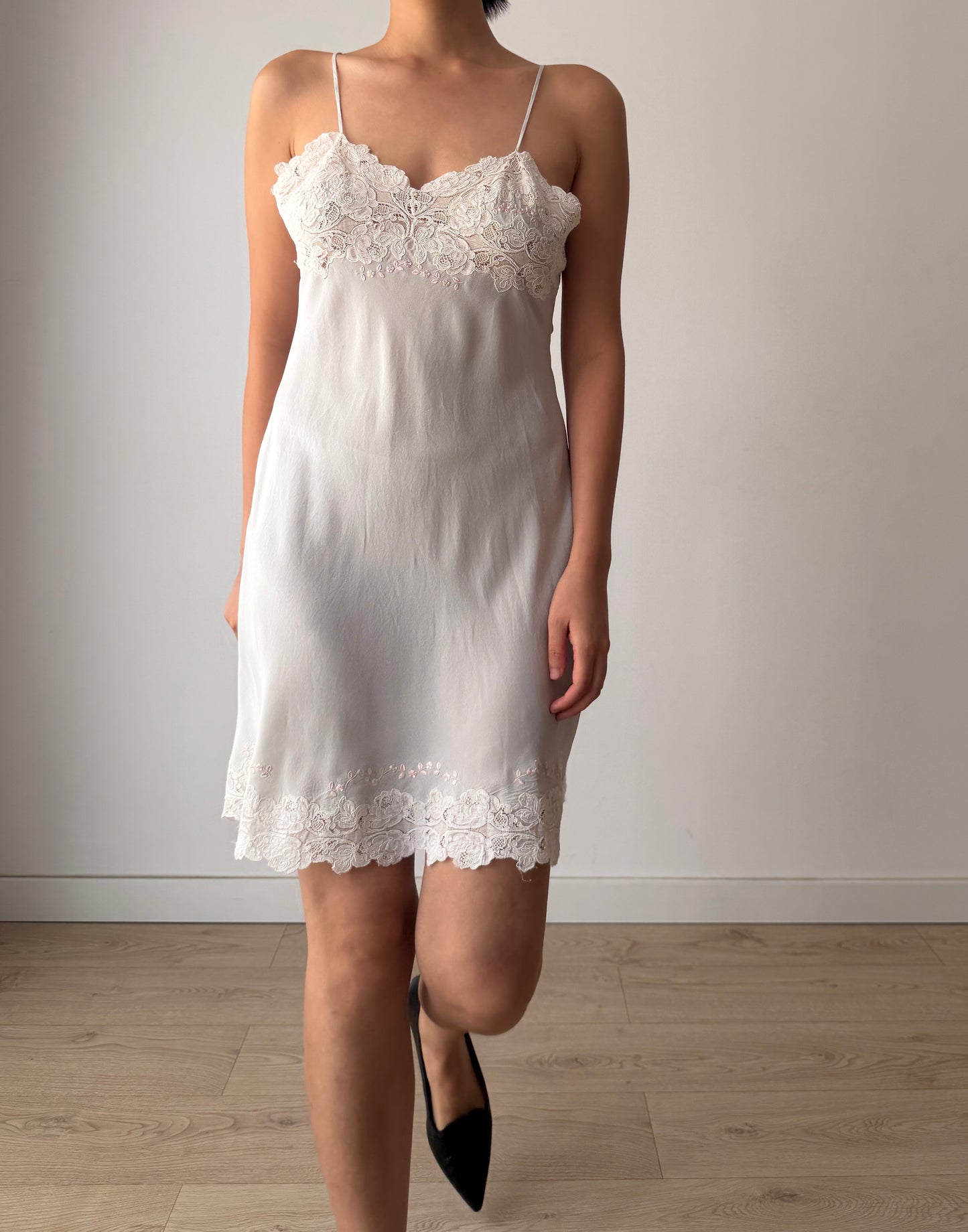 1930s Grey Blue French Lace Floral Appliqué Pure Silk Camisole Slip Dress,