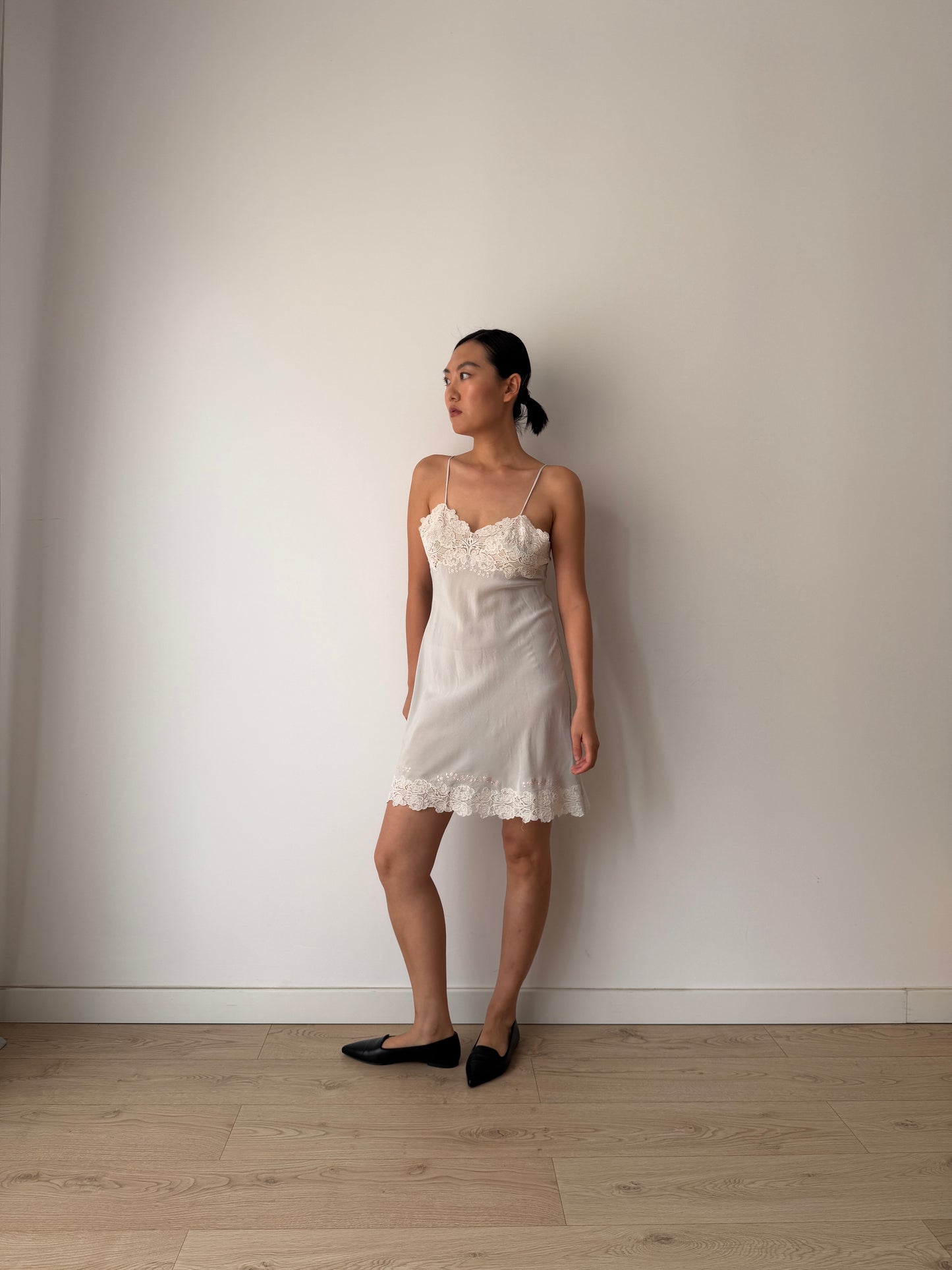 1930s Grey Blue French Lace Floral Appliqué Pure Silk Camisole Slip Dress,