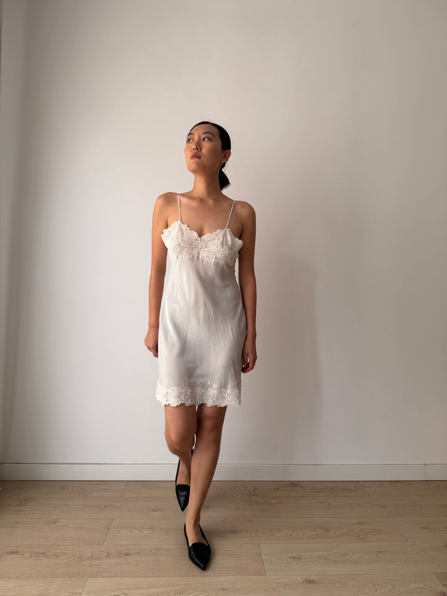1930s Grey Blue French Lace Floral Appliqué Pure Silk Camisole Slip Dress,