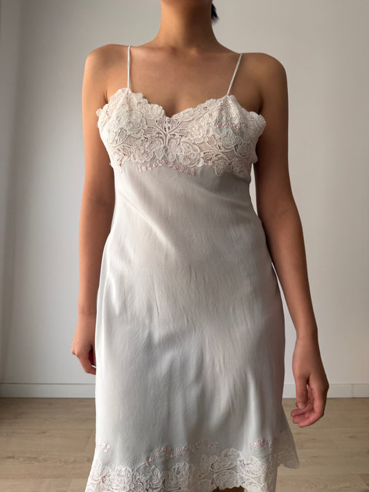 1930s Grey Blue French Lace Floral Appliqué Pure Silk Camisole Slip Dress,