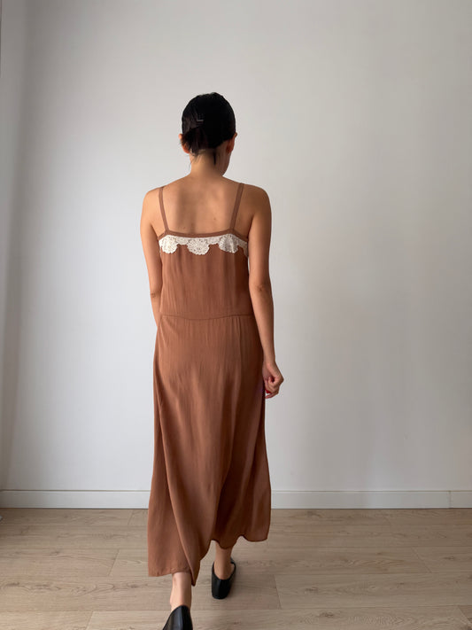 1940s 1950s Silk Maxi Slip Dress, Brown Floral Lace Appliqué Lingerie Dress