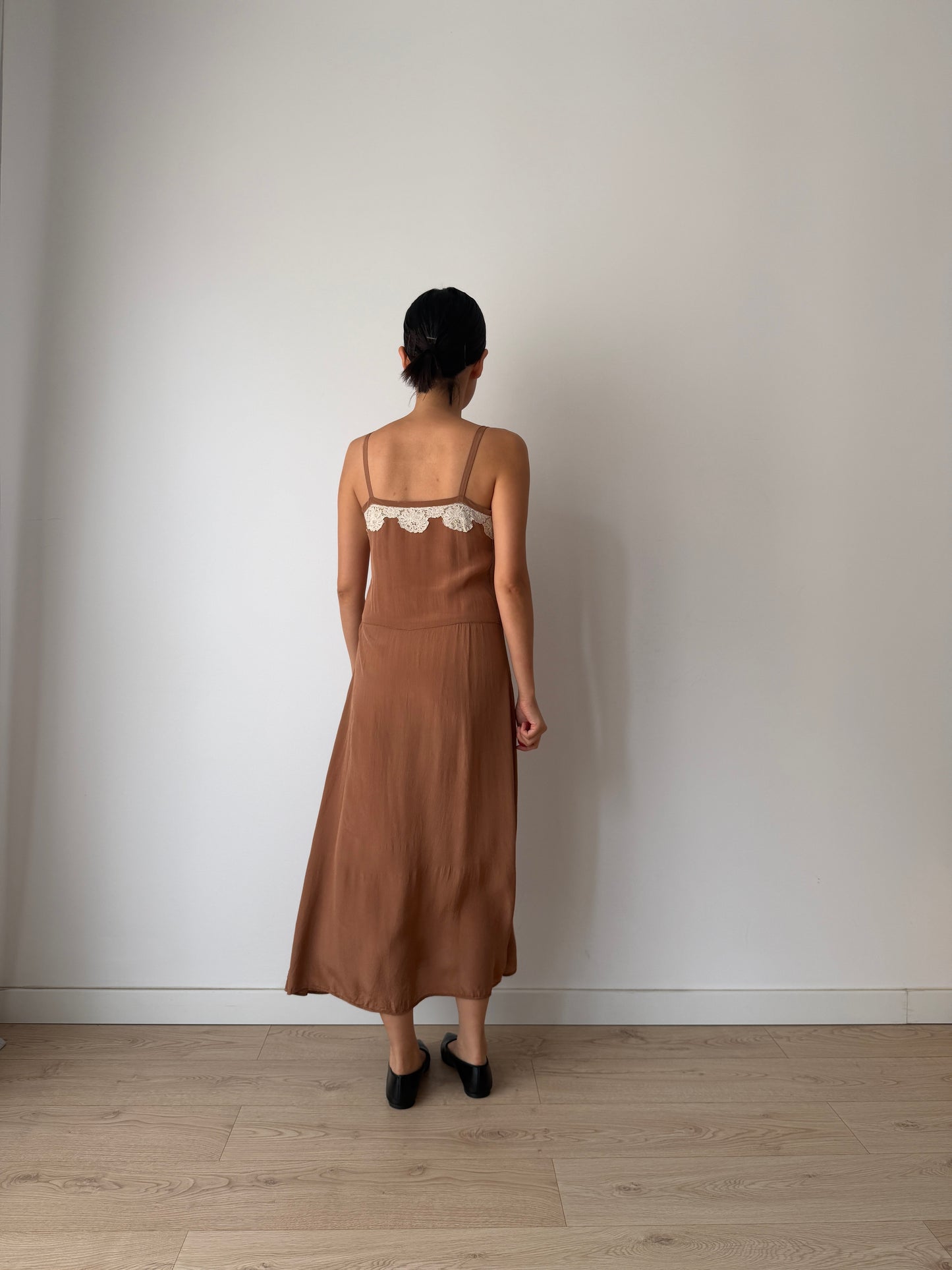 1940s 1950s Silk Maxi Slip Dress, Brown Floral Lace Appliqué Lingerie Dress