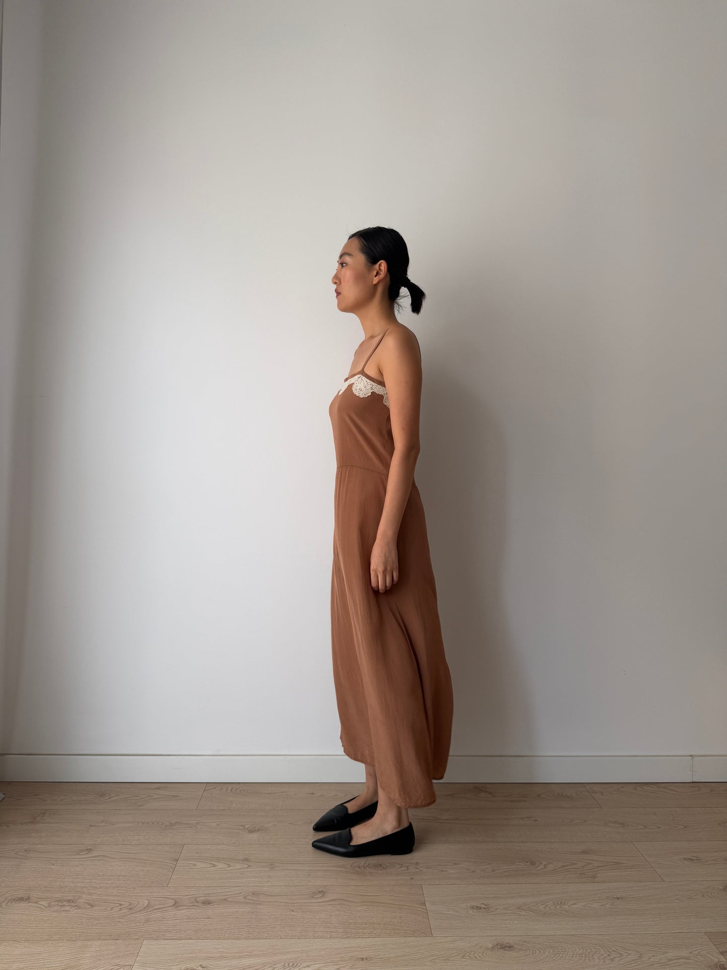1940s 1950s Silk Maxi Slip Dress, Brown Floral Lace Appliqué Lingerie Dress