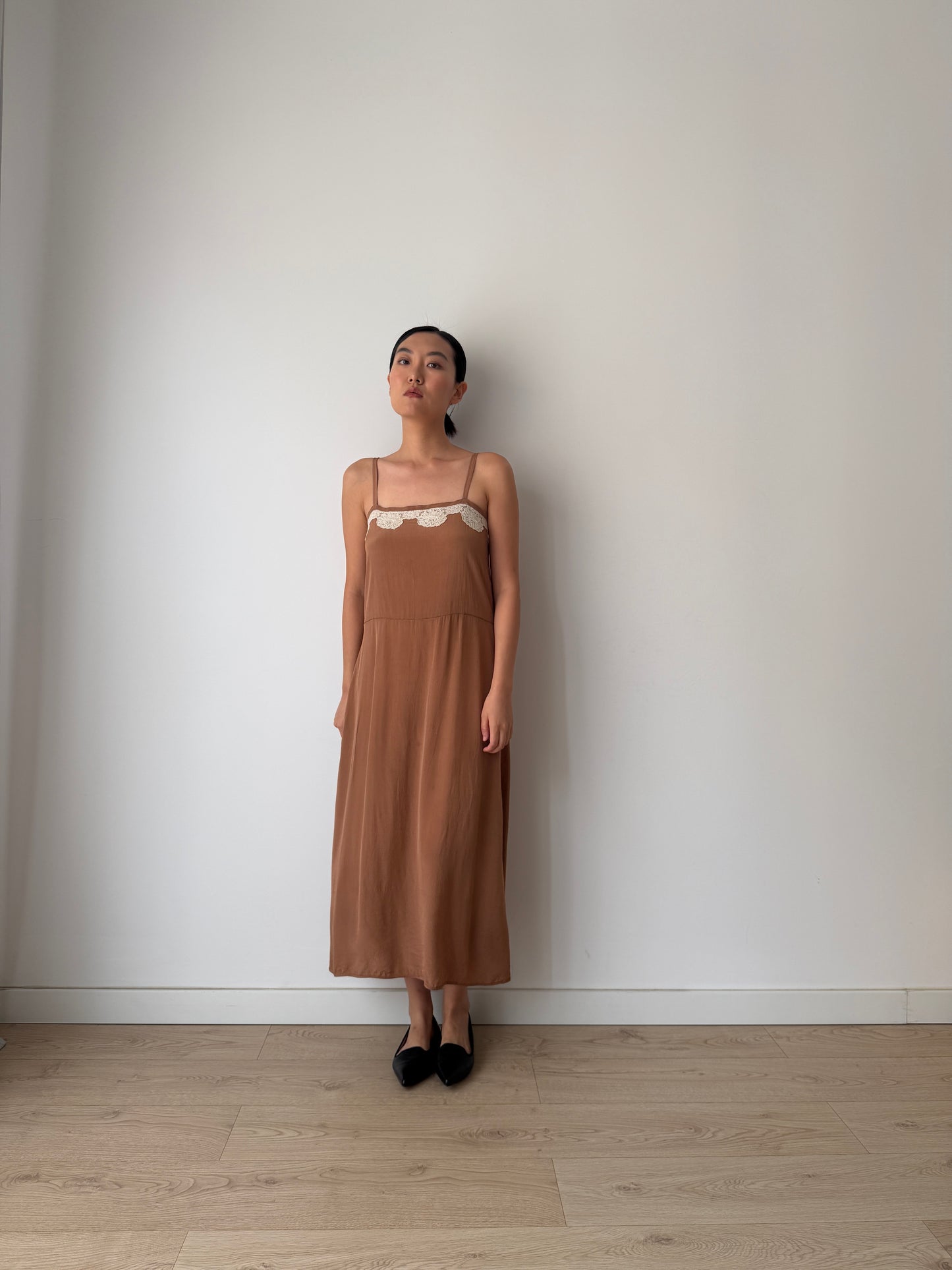 1940s 1950s Silk Maxi Slip Dress, Brown Floral Lace Appliqué Lingerie Dress