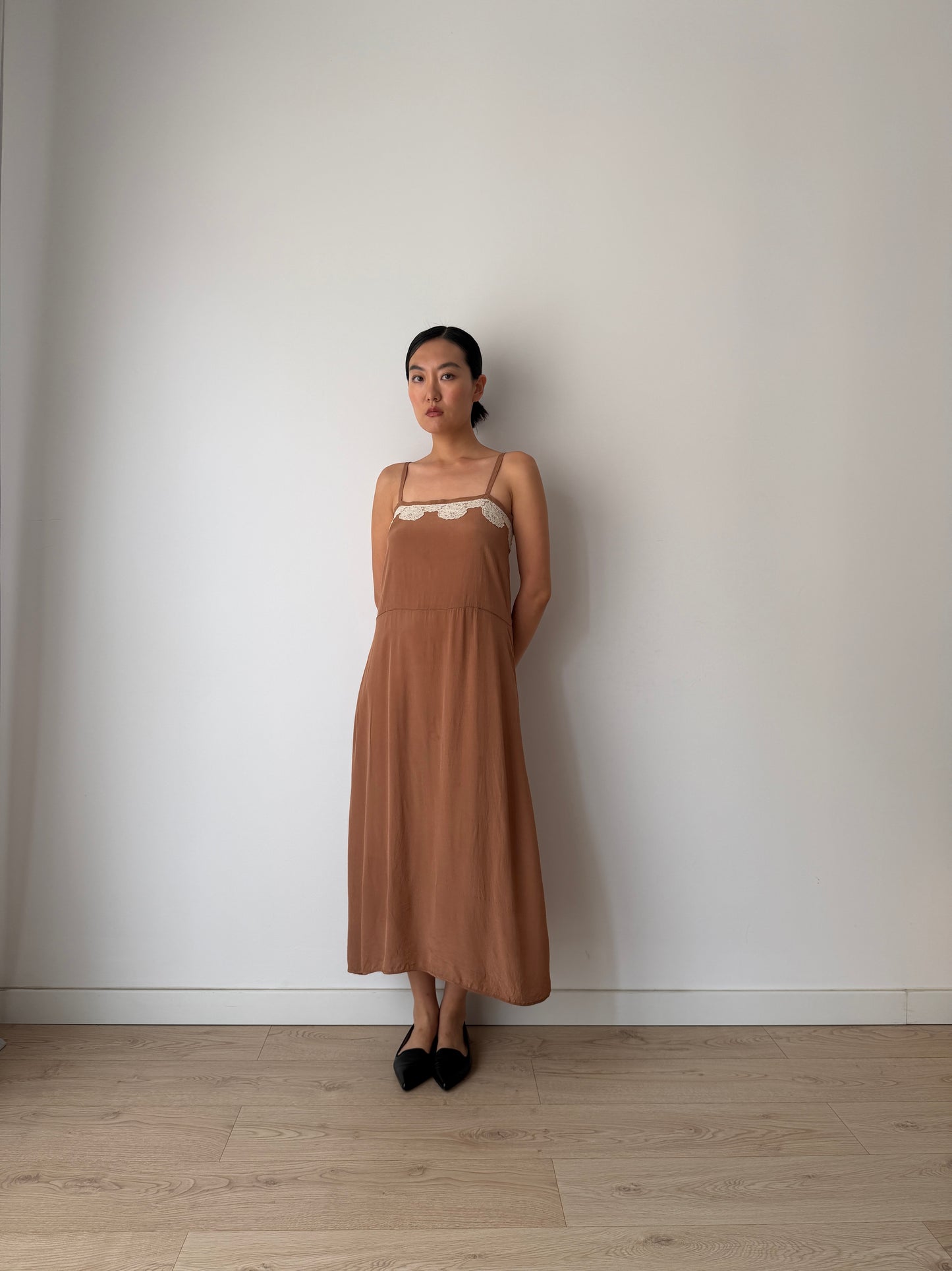1940s 1950s Silk Maxi Slip Dress, Brown Floral Lace Appliqué Lingerie Dress