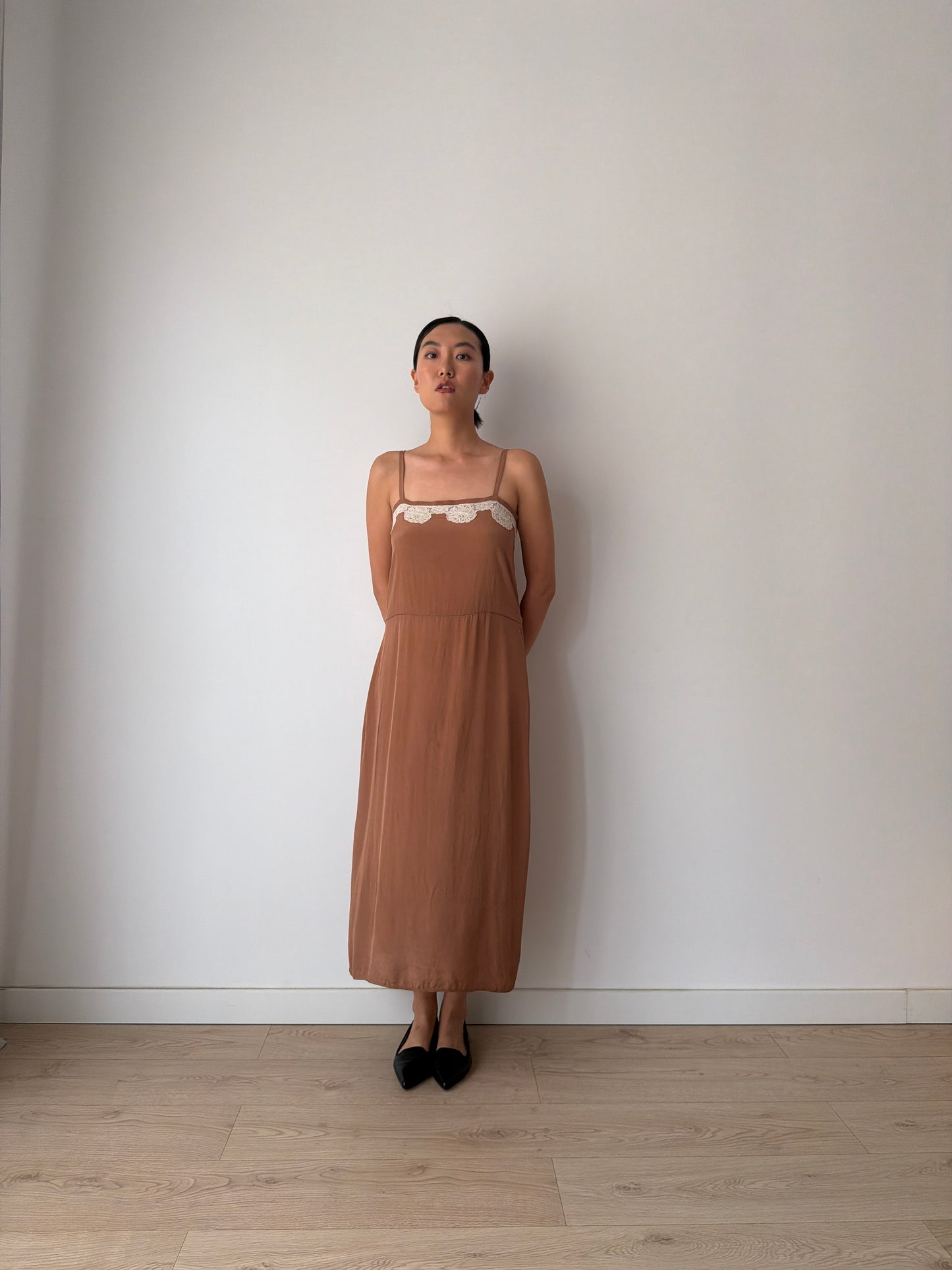 1940s 1950s Silk Maxi Slip Dress, Brown Floral Lace Appliqué Lingerie Dress