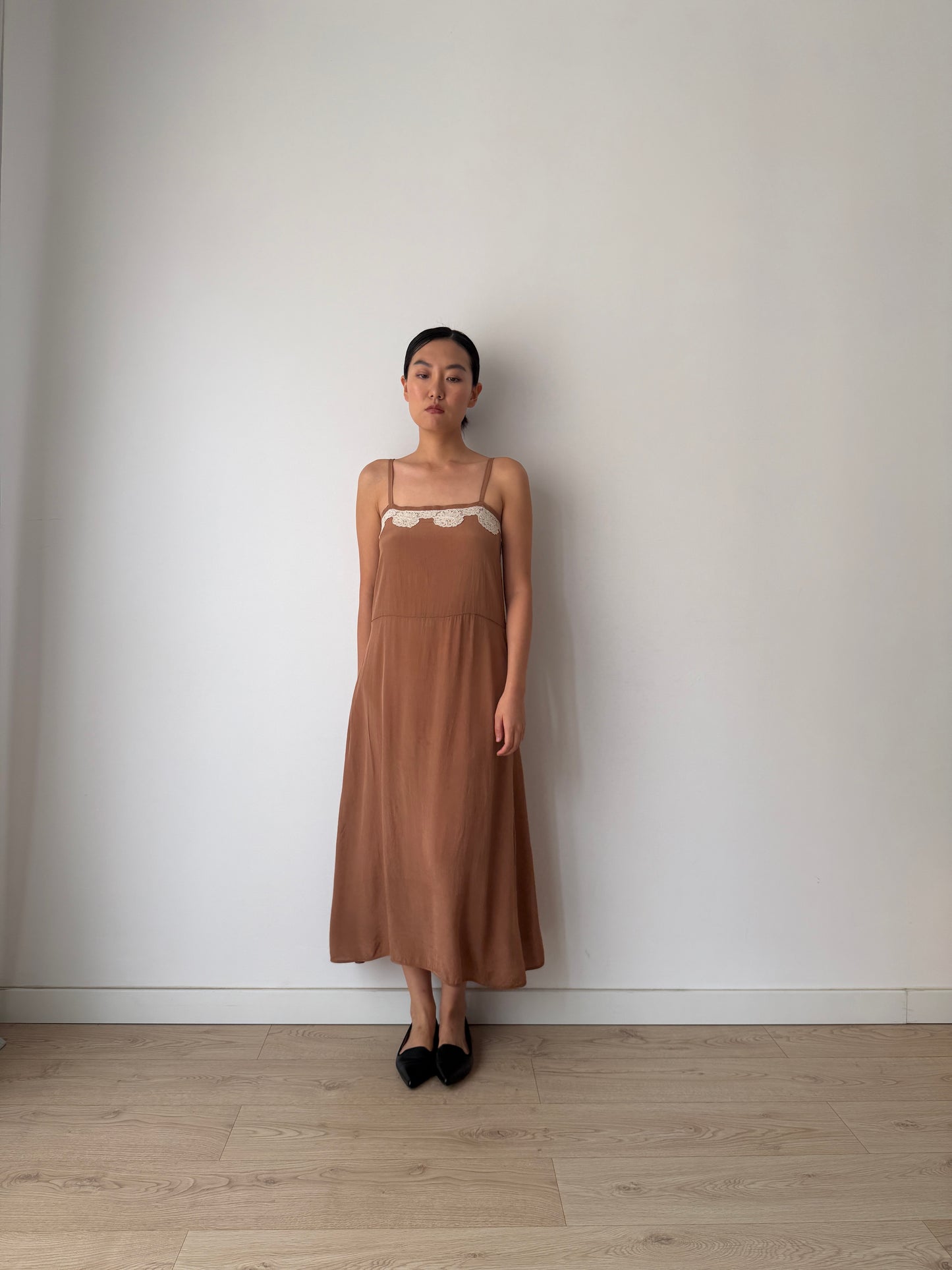 1940s 1950s Silk Maxi Slip Dress, Brown Floral Lace Appliqué Lingerie Dress