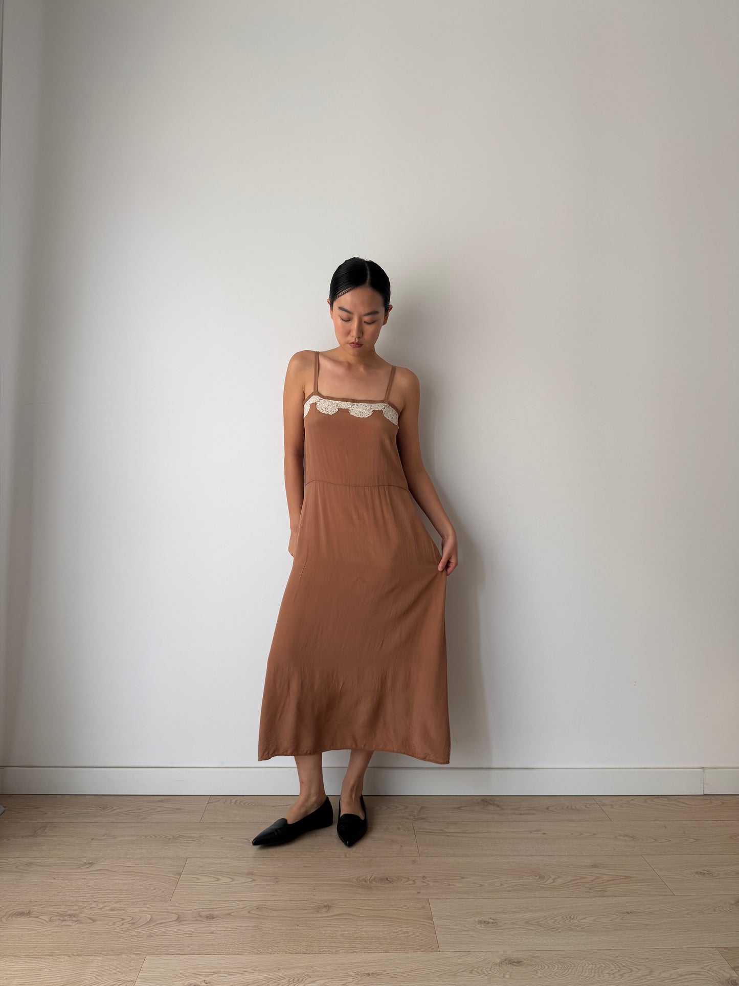 1940s 1950s Silk Maxi Slip Dress, Brown Floral Lace Appliqué Lingerie Dress