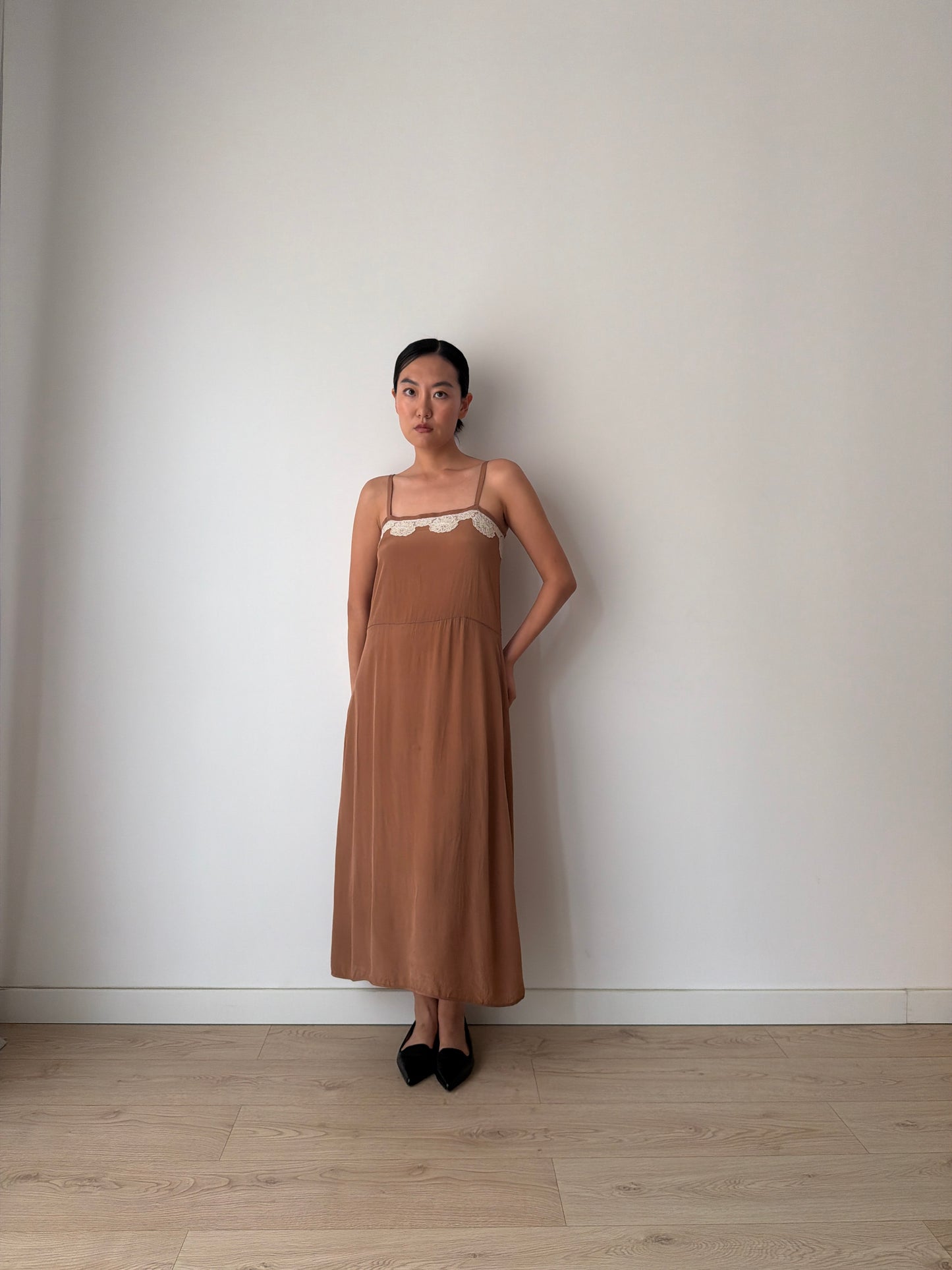 1940s 1950s Silk Maxi Slip Dress, Brown Floral Lace Appliqué Lingerie Dress