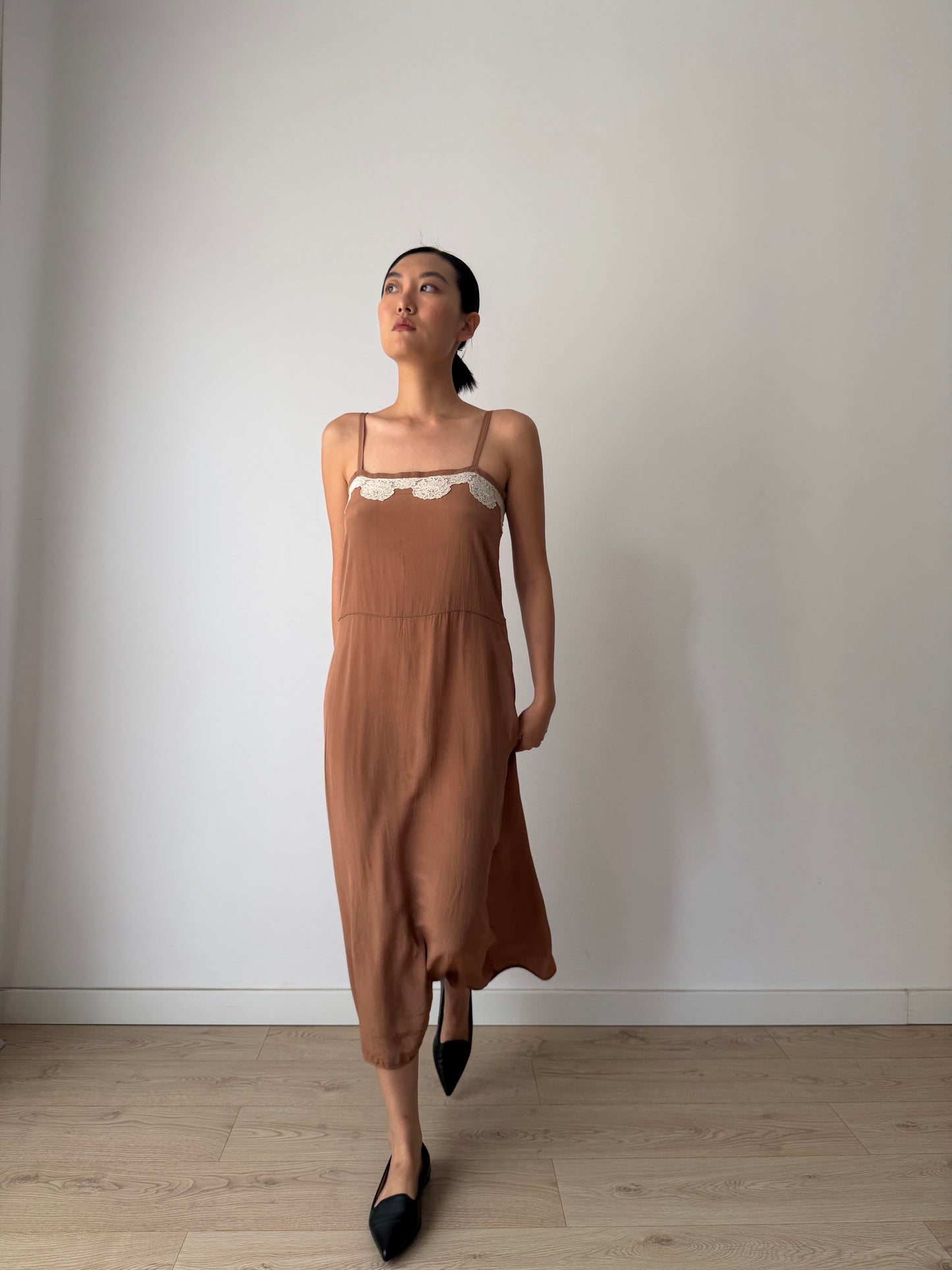 1940s 1950s Silk Maxi Slip Dress, Brown Floral Lace Appliqué Lingerie Dress