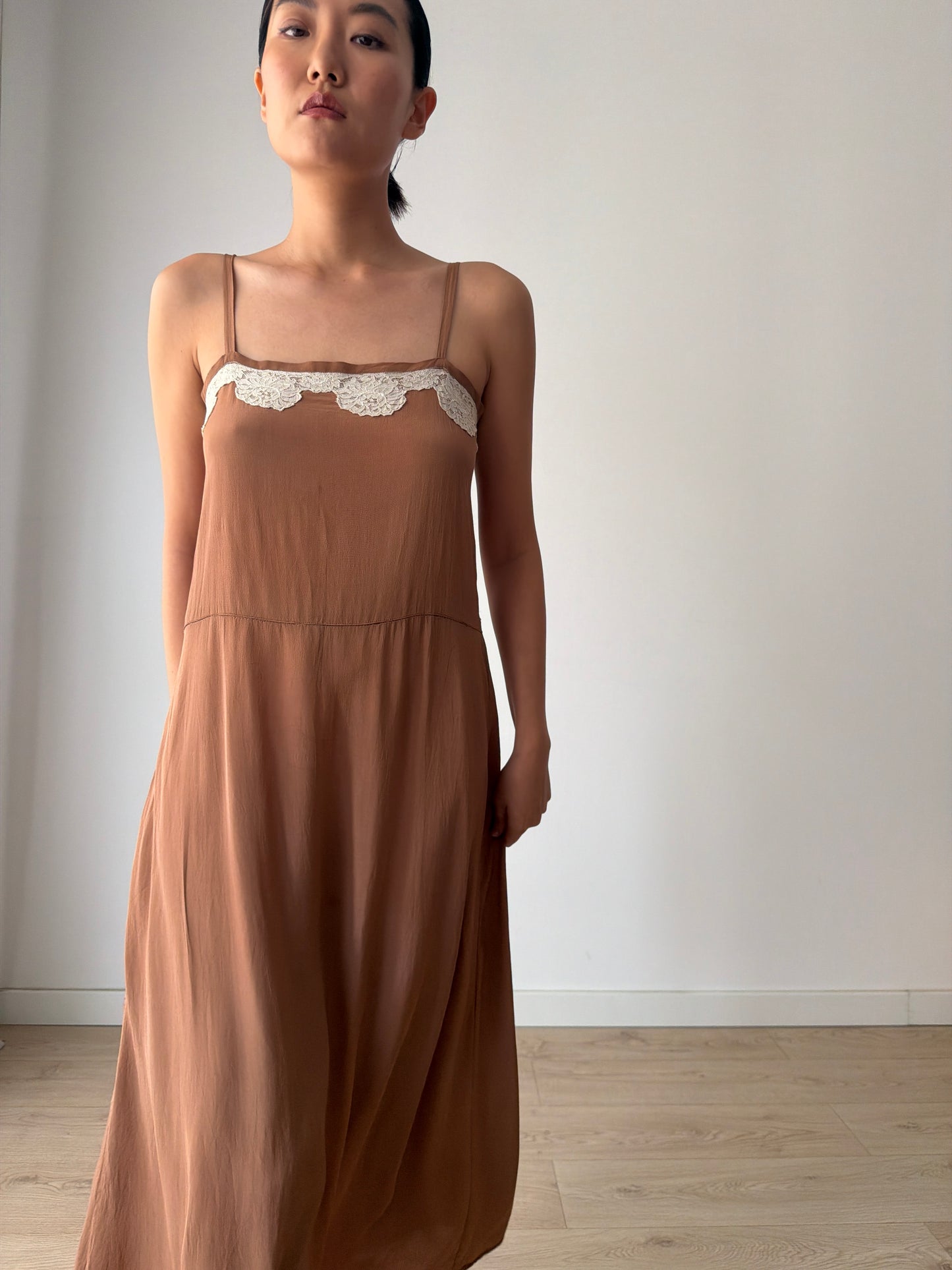 1940s 1950s Silk Maxi Slip Dress, Brown Floral Lace Appliqué Lingerie Dress