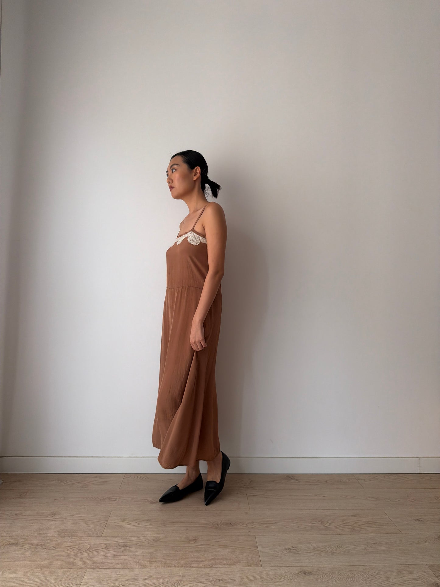 1940s 1950s Silk Maxi Slip Dress, Brown Floral Lace Appliqué Lingerie Dress