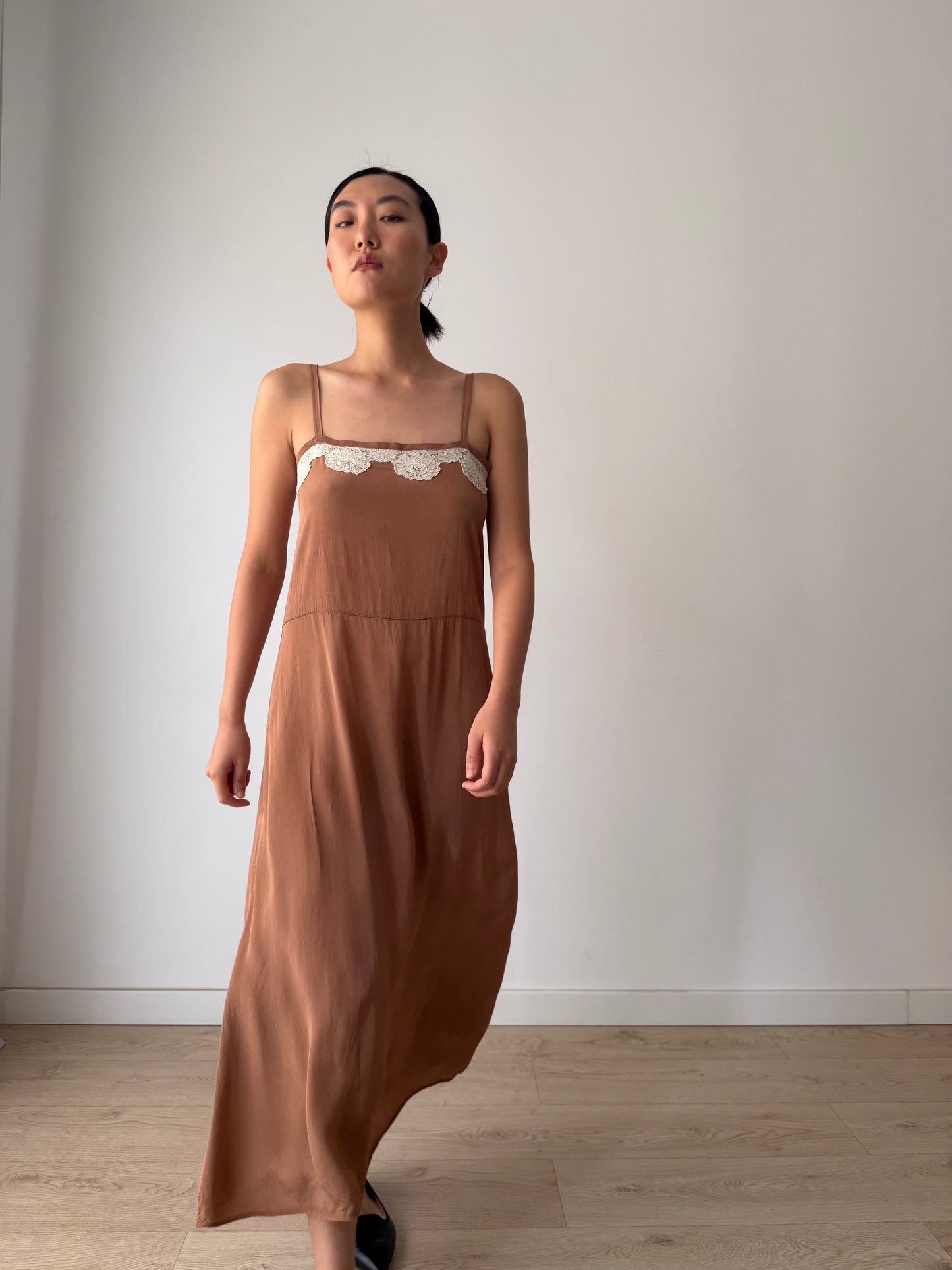 1940s 1950s Silk Maxi Slip Dress, Brown Floral Lace Appliqué Lingerie Dress
