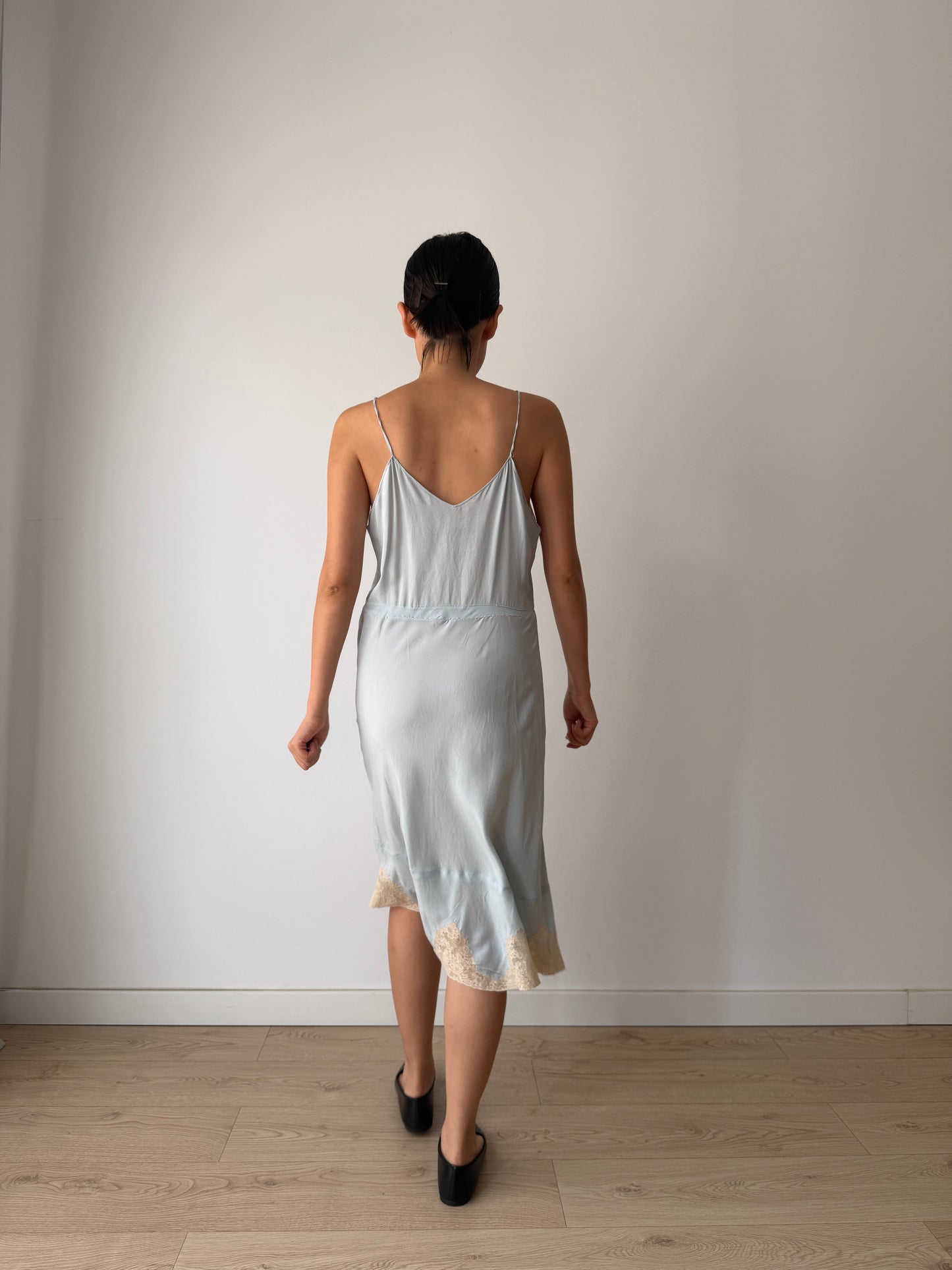1930s Pastel Blue Silk Lace Slip Dress, Floral Embroidered Camisole Nightdress