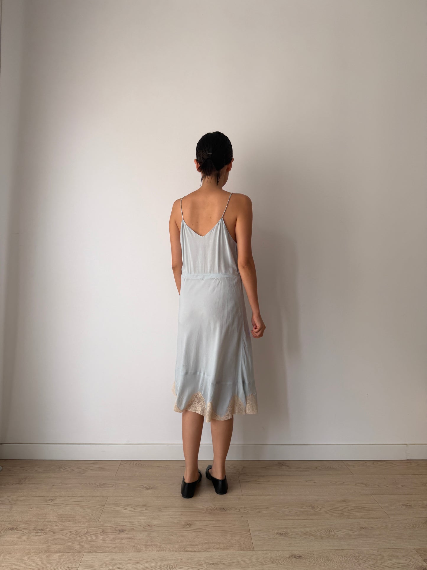 1930s Pastel Blue Silk Lace Slip Dress, Floral Embroidered Camisole Nightdress