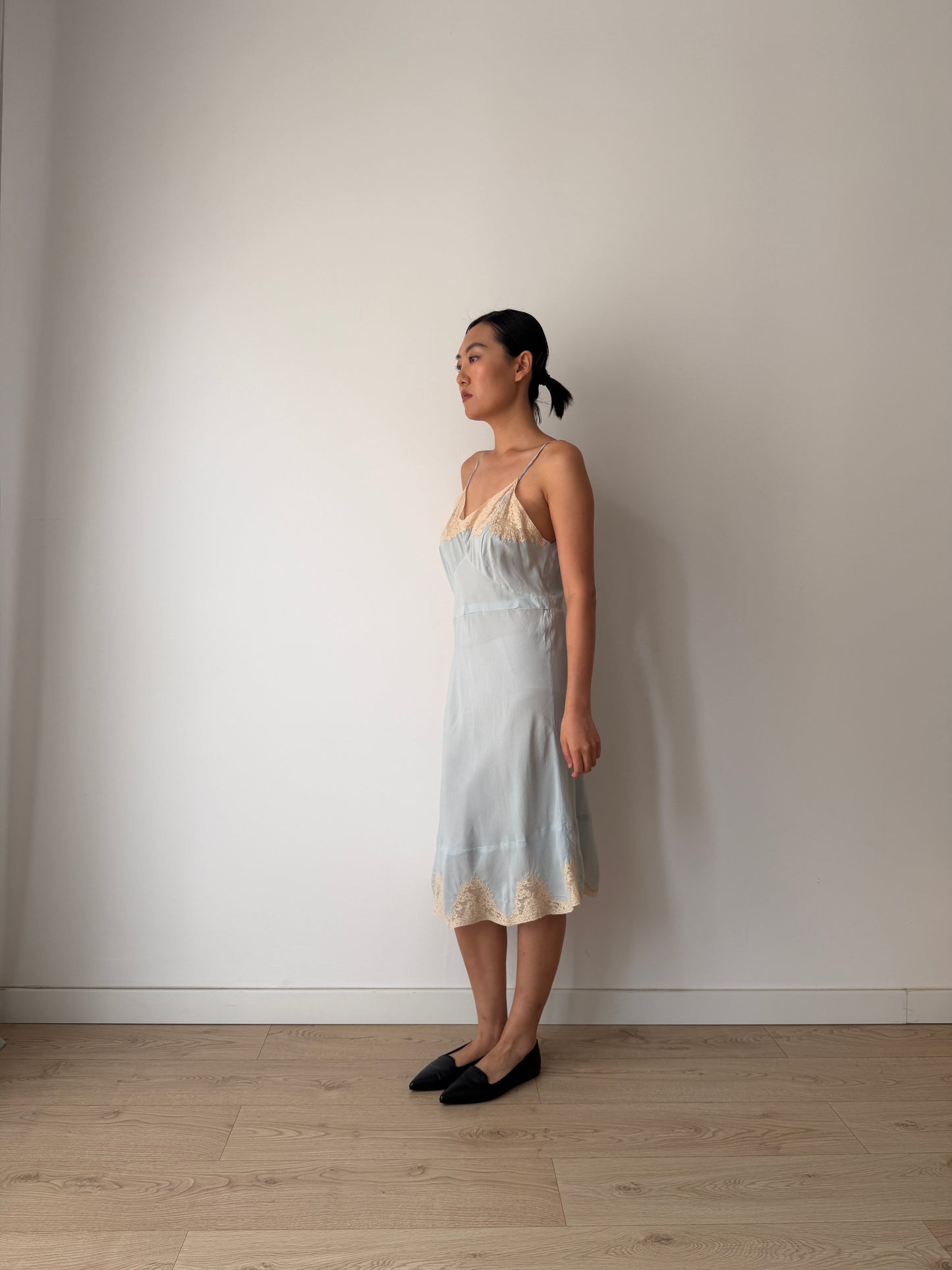 1930s Pastel Blue Silk Lace Slip Dress, Floral Embroidered Camisole Nightdress