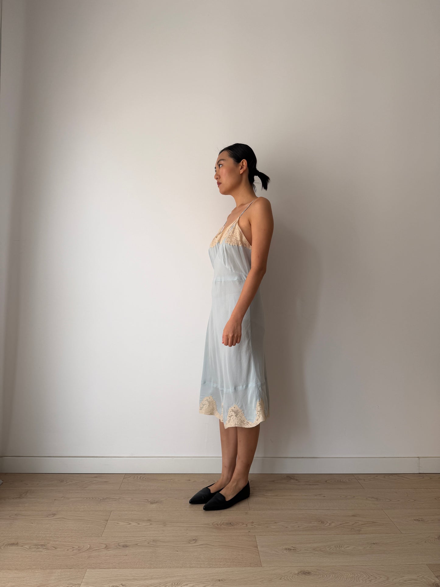 1930s Pastel Blue Silk Lace Slip Dress, Floral Embroidered Camisole Nightdress