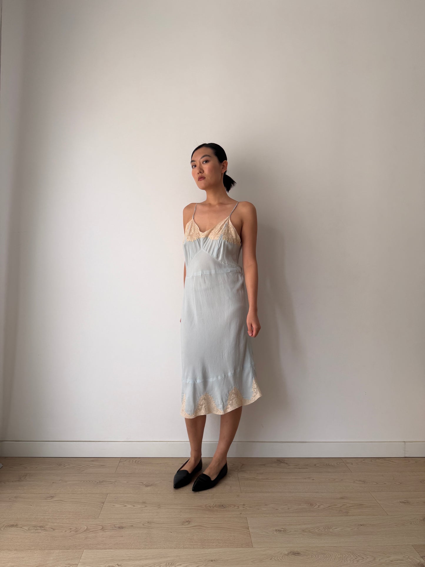 1930s Pastel Blue Silk Lace Slip Dress, Floral Embroidered Camisole Nightdress