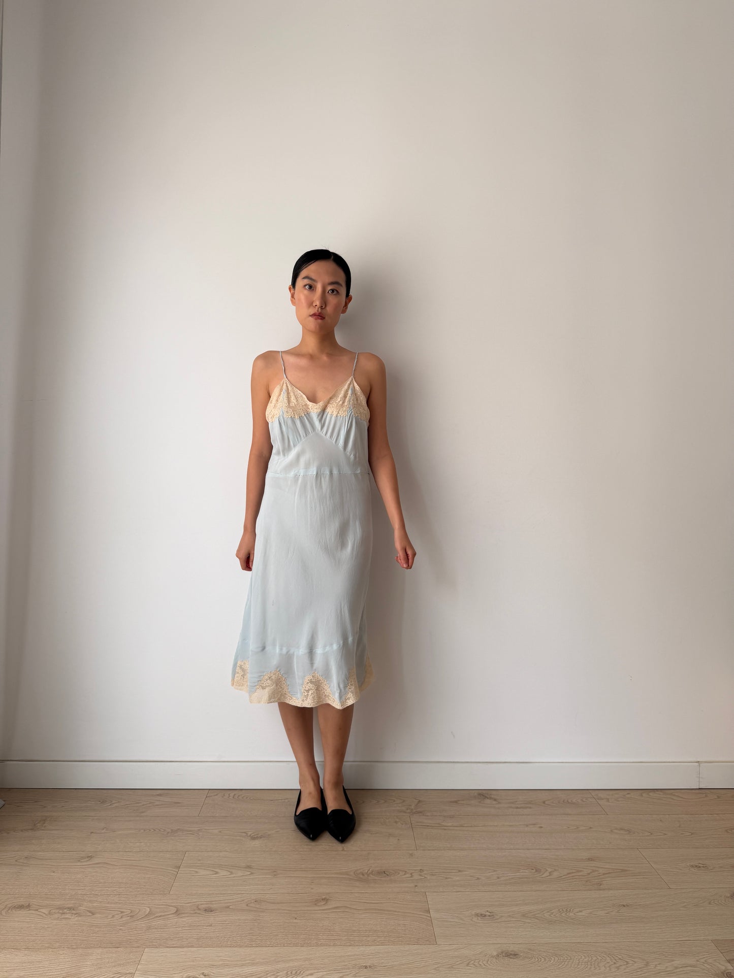 1930s Pastel Blue Silk Lace Slip Dress, Floral Embroidered Camisole Nightdress