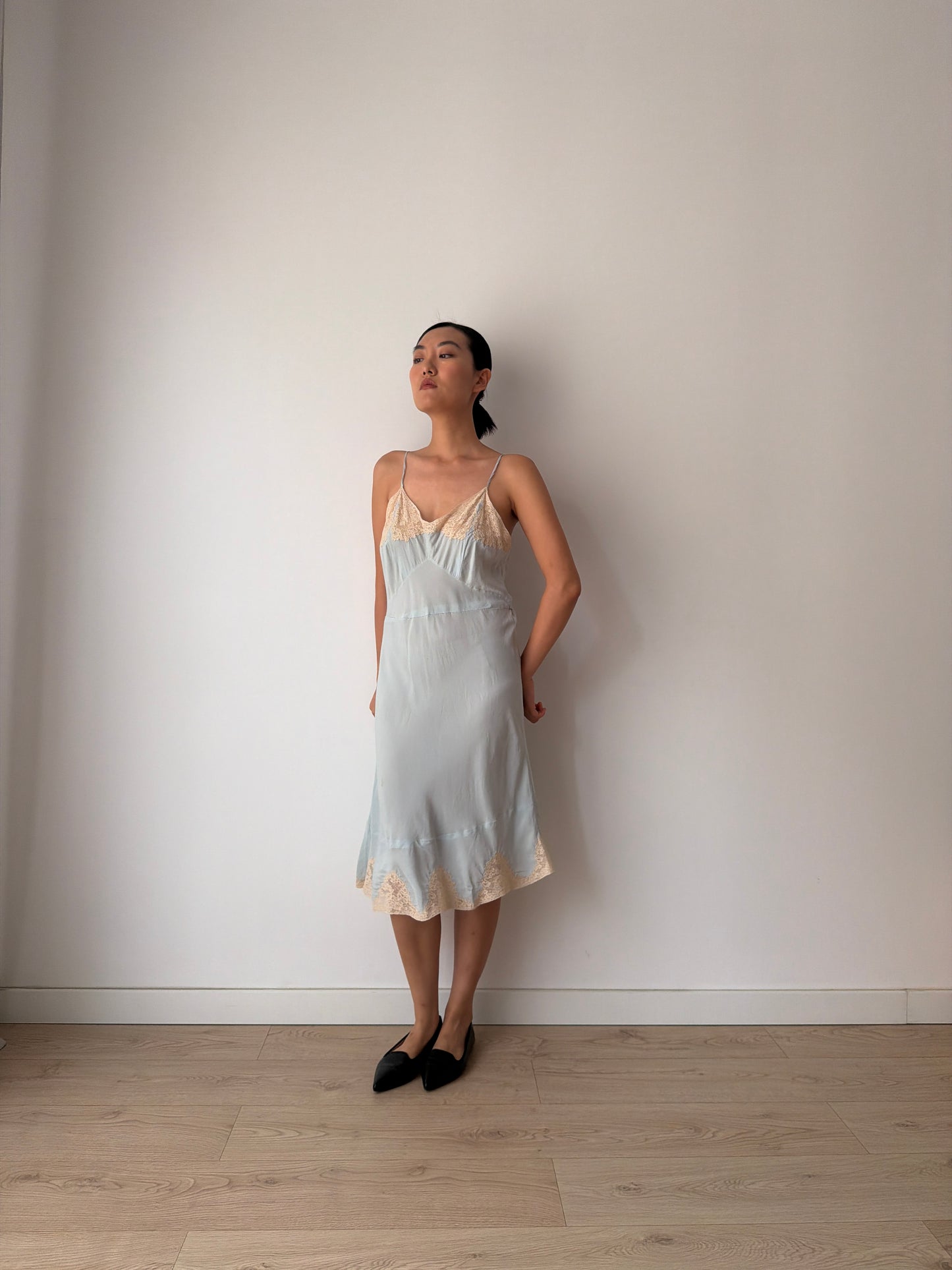 1930s Pastel Blue Silk Lace Slip Dress, Floral Embroidered Camisole Nightdress