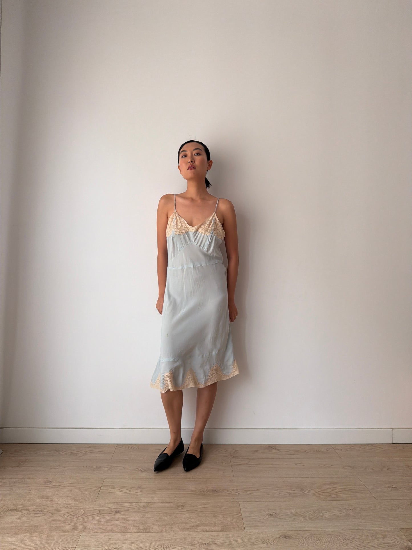 1930s Pastel Blue Silk Lace Slip Dress, Floral Embroidered Camisole Nightdress