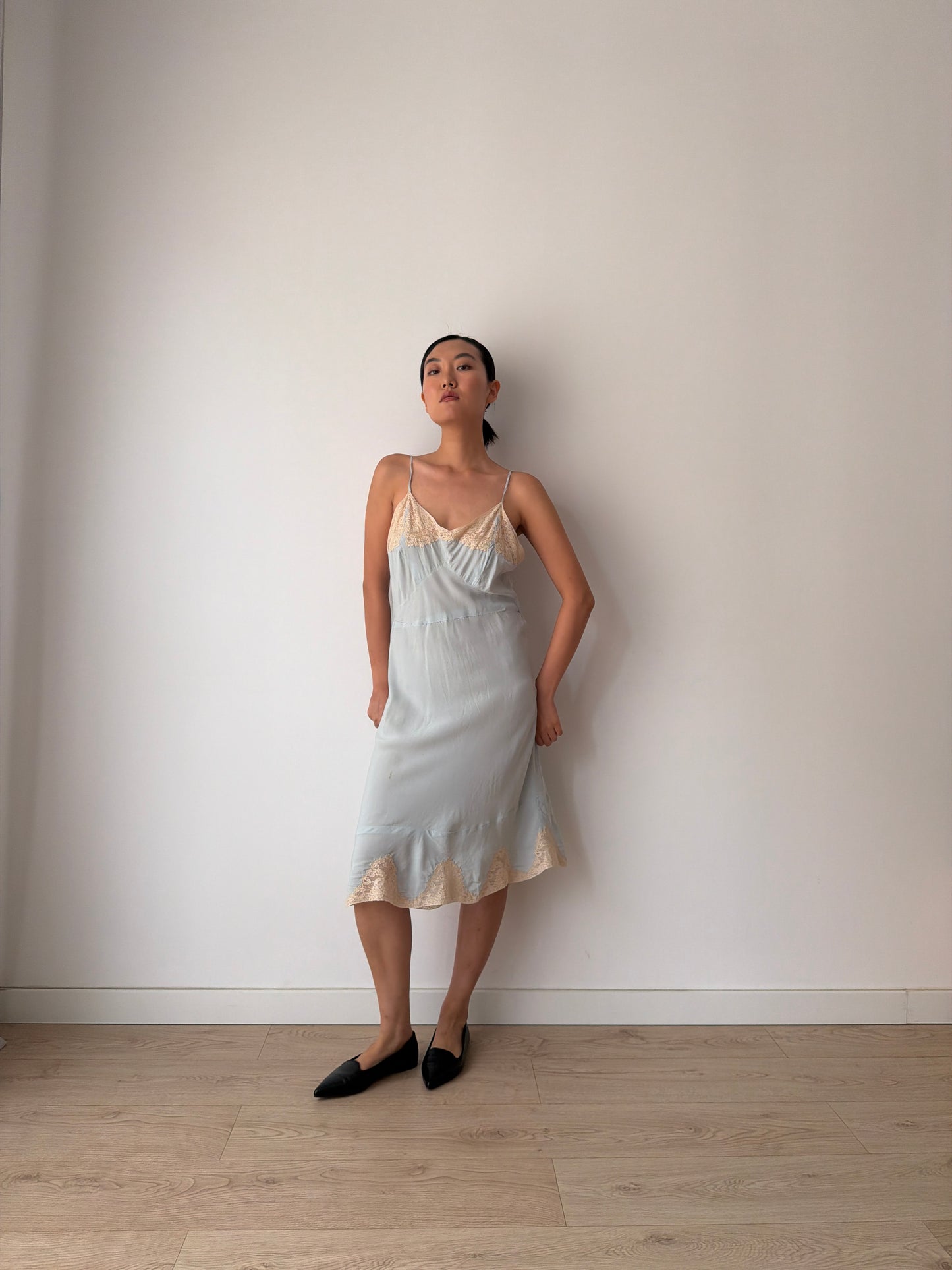 1930s Pastel Blue Silk Lace Slip Dress, Floral Embroidered Camisole Nightdress